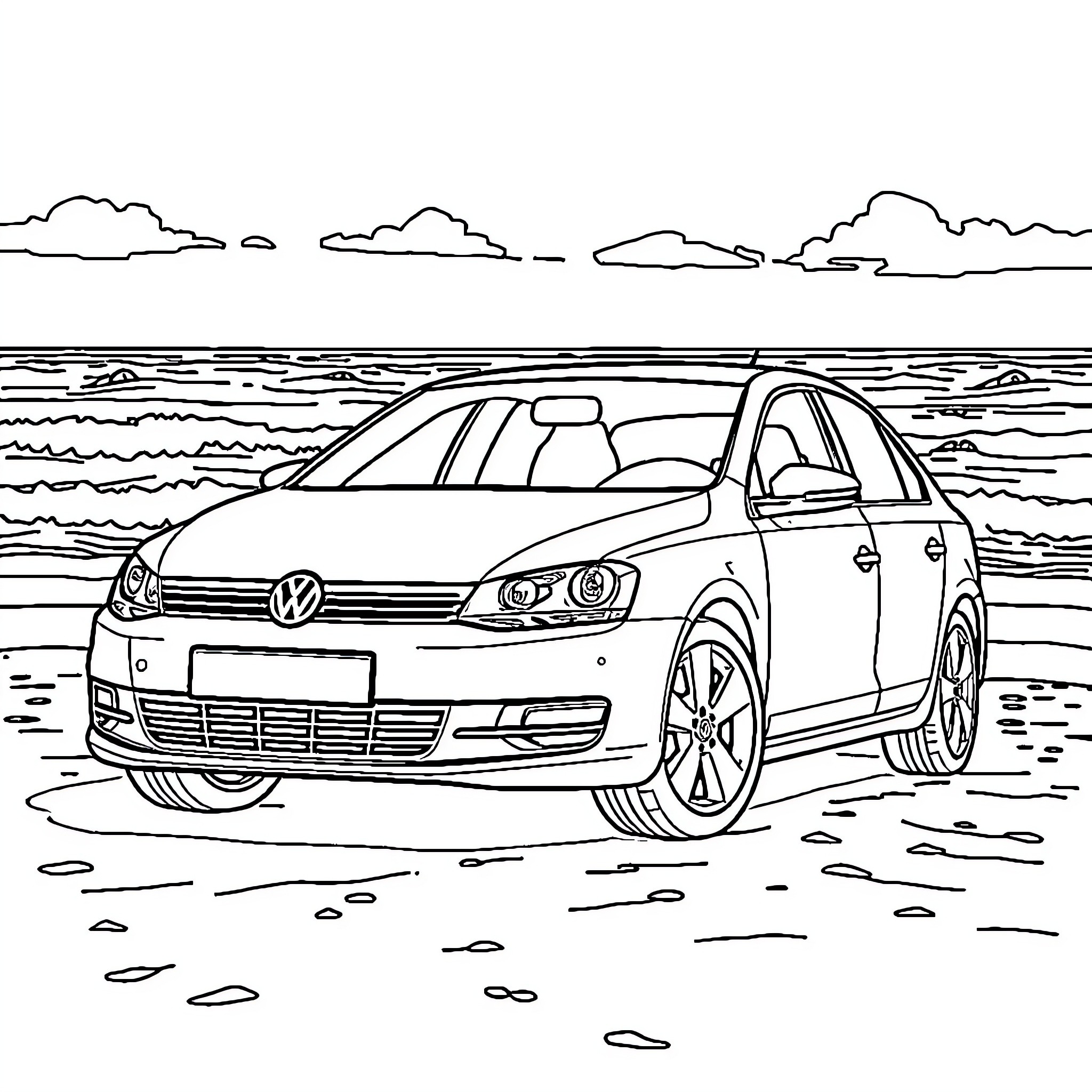 Volkswagen car driving along the beach Coloring Page (free black-and-white line drawing printable PDF for all, from beginners to advanced learners, including children, teens, adults, and seniors)