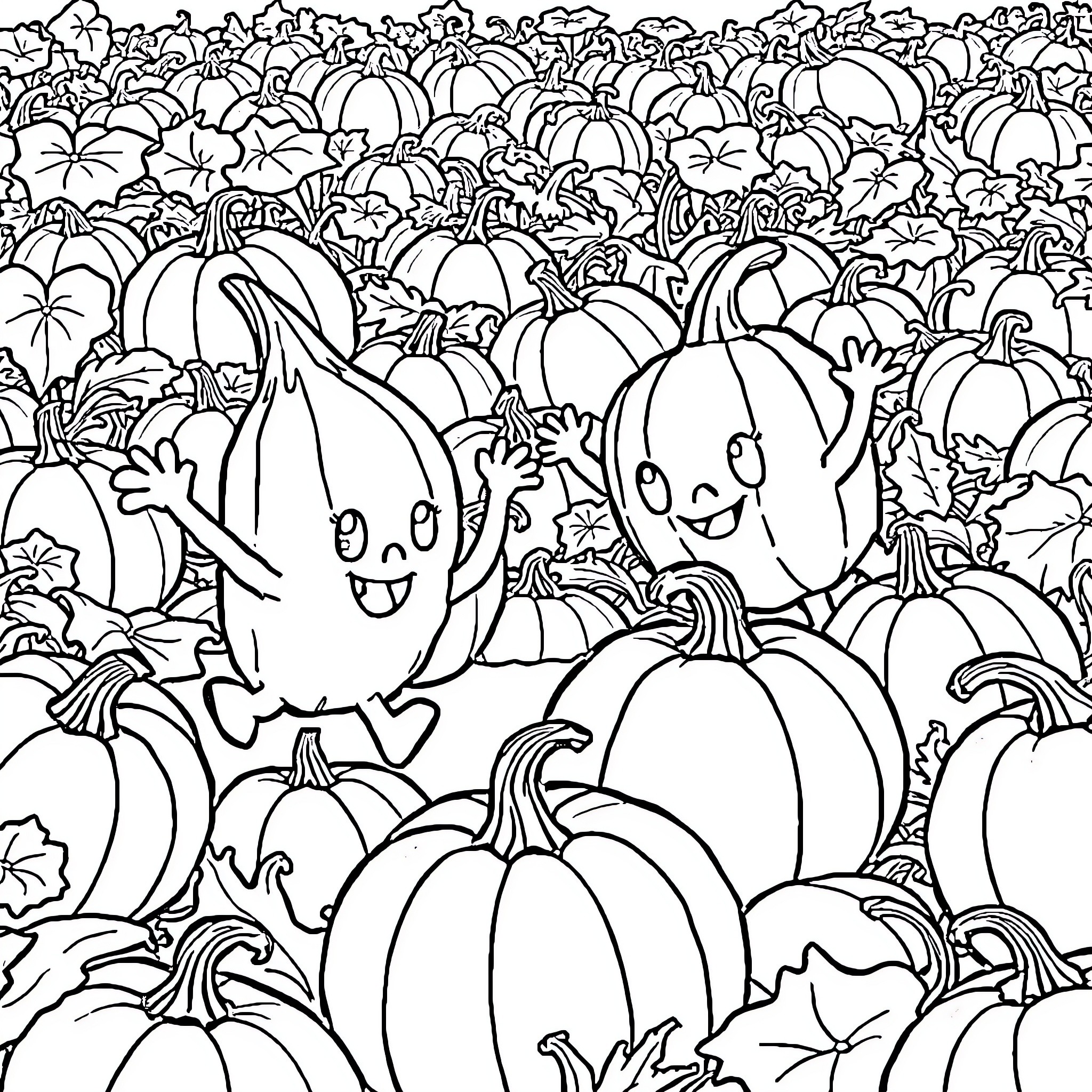 Gonk Pumpkins Gathered for a Festive Celebration Coloring Page (free black-and-white line drawing printable PDF for all, from beginners to advanced learners, including children, teens, adults, and seniors)