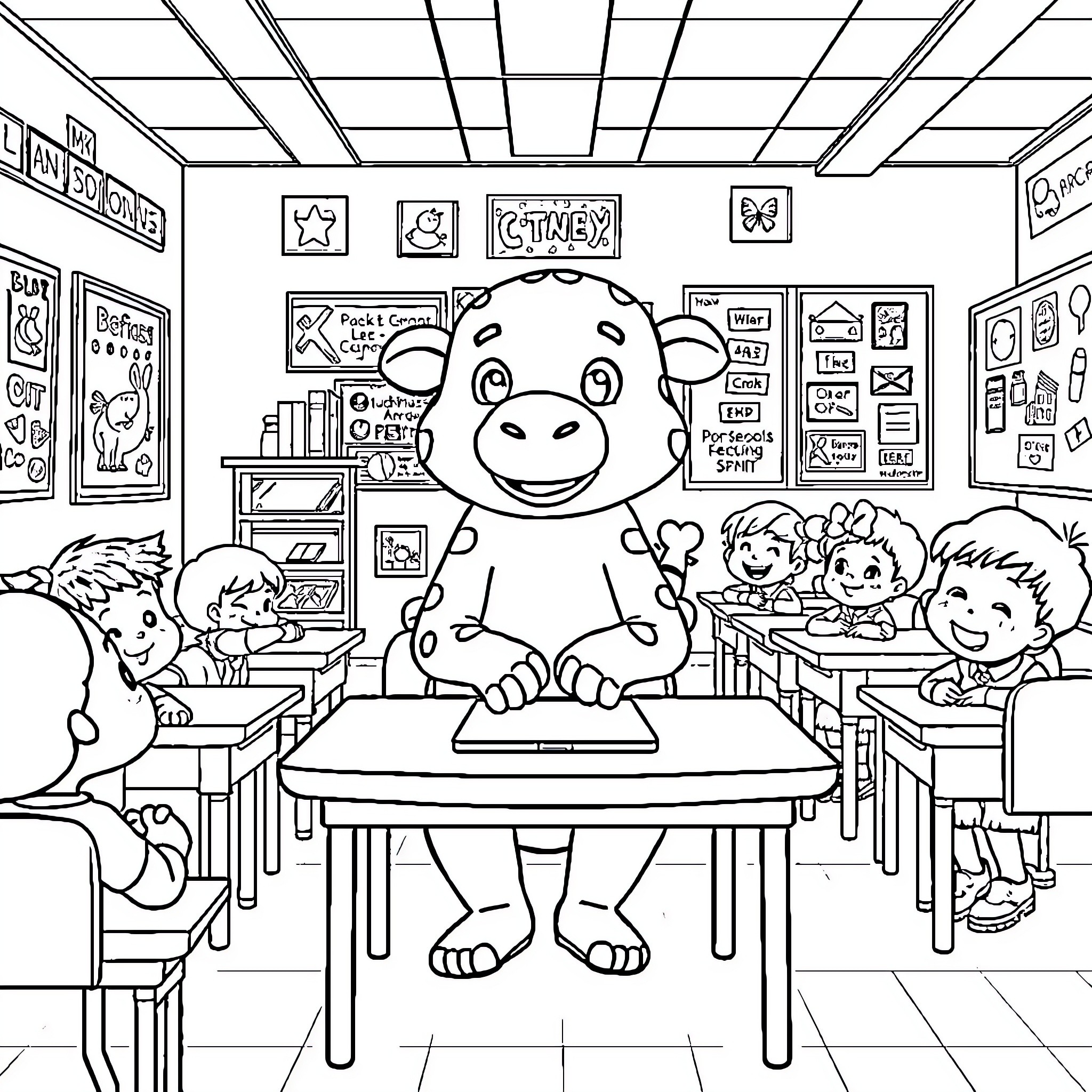 Labubu and Students in Lively Classroom Coloring Page (free black-and-white line drawing printable PDF for all, from beginners to advanced learners, including children, teens, adults, and seniors)