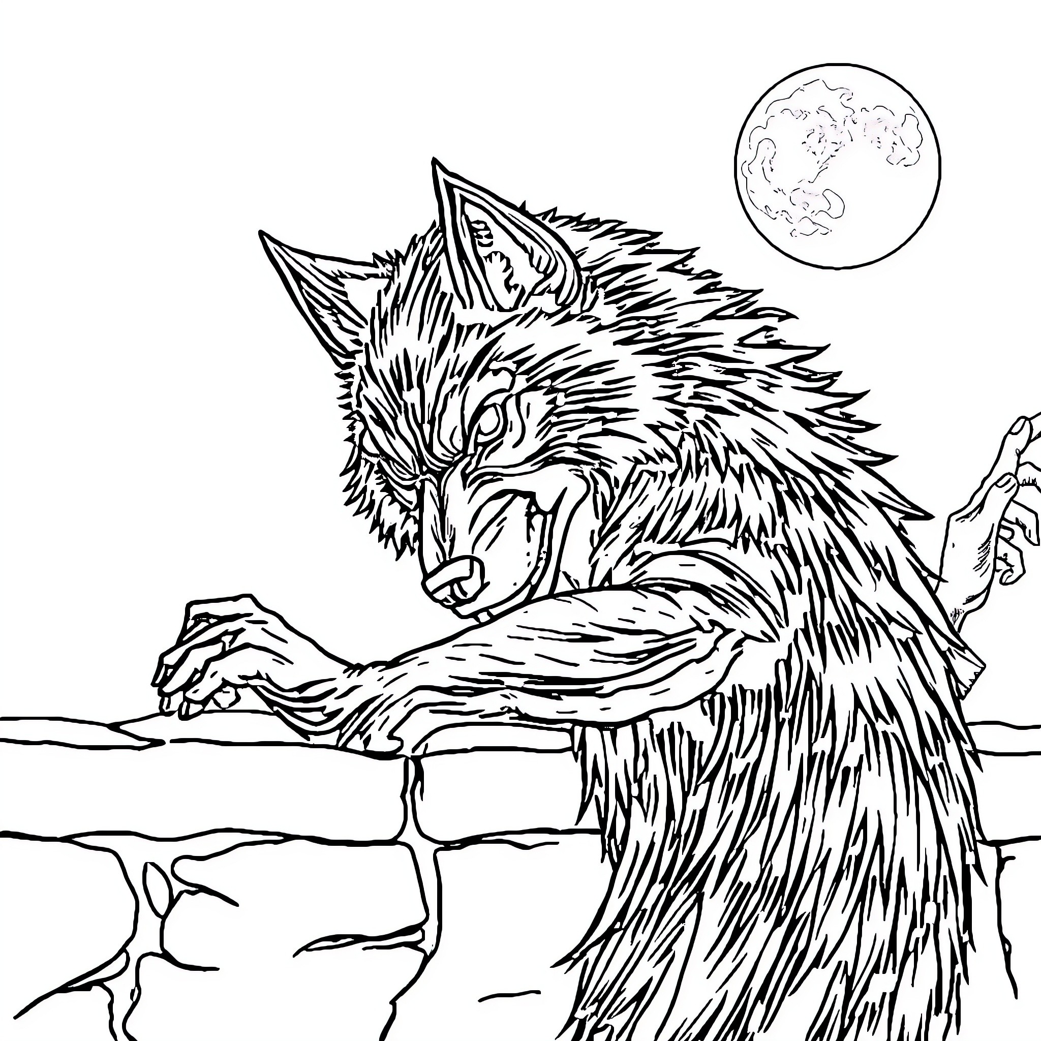 Wolf Howling Under the Moonlight Coloring Page (free black-and-white line drawing printable PDF for all, from beginners to advanced learners, including children, teens, adults, and seniors)
