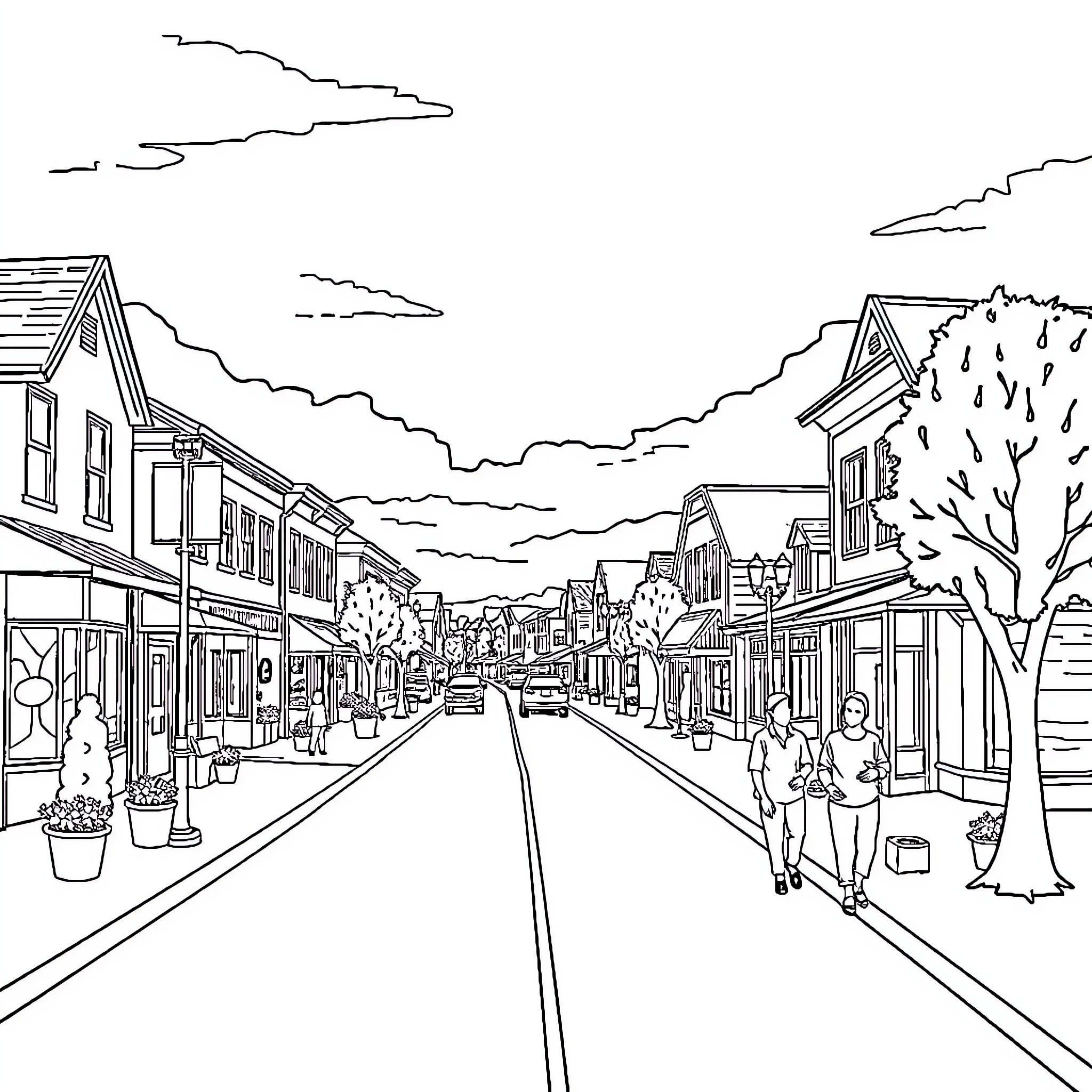 Ladysmith's Quaint Main Street Scene Coloring Page (free black-and-white line drawing printable PDF for all, from beginners to advanced learners, including children, teens, adults, and seniors)
