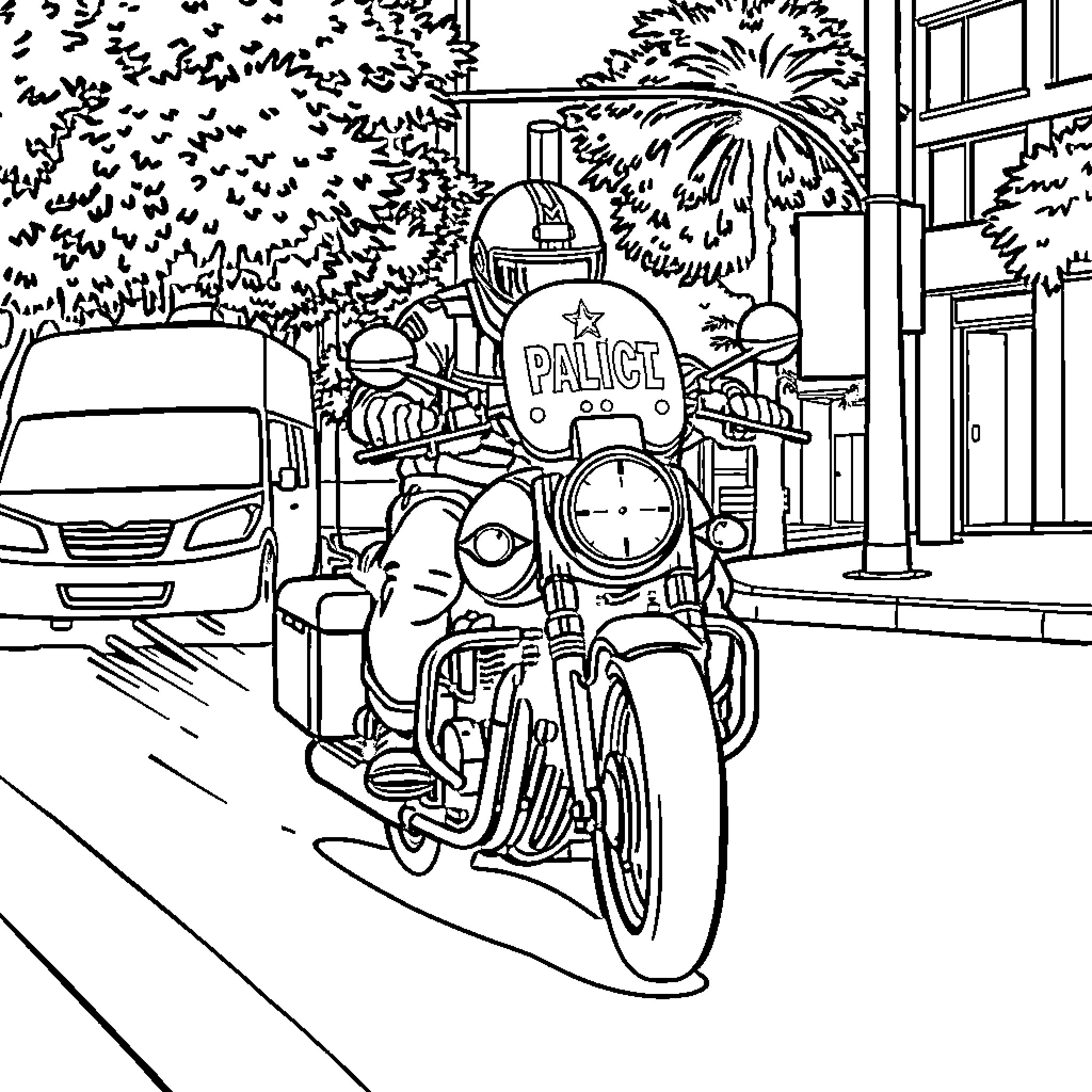 Marcus Patrol: Police Officer on Motorcycle in City Coloring Page (free black-and-white line drawing printable PDF for all, from beginners to advanced learners, including children, teens, adults, and seniors)