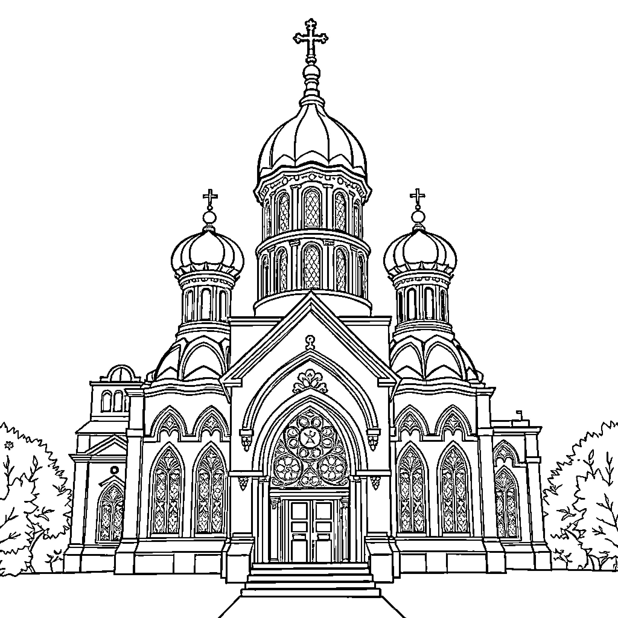 Church with ornate domes and arched entrances Coloring Page (free black-and-white line drawing printable PDF for all, from beginners to advanced learners, including children, teens, adults, and seniors)