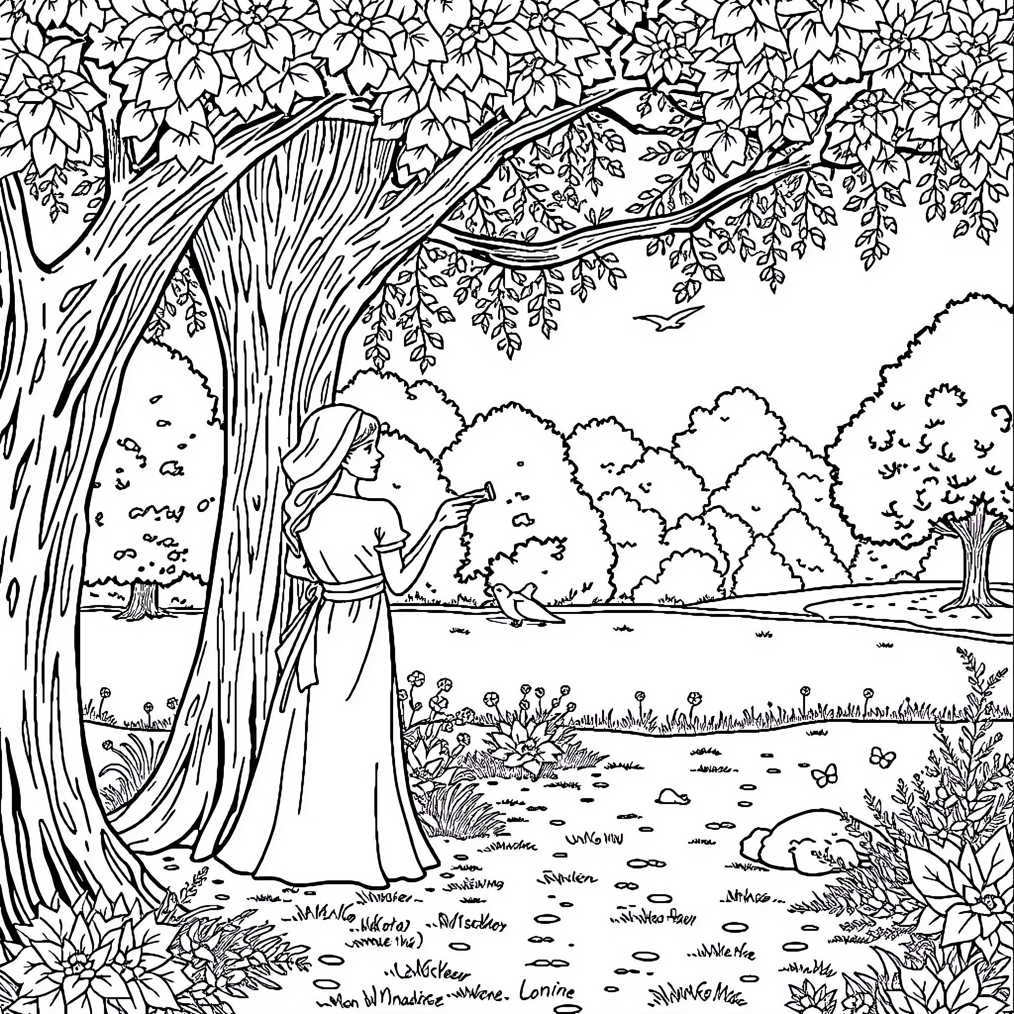 Mariée dans le jardin magnifique Coloring Page (free black-and-white line drawing printable PDF for all, from beginners to advanced learners, including children, teens, adults, and seniors)