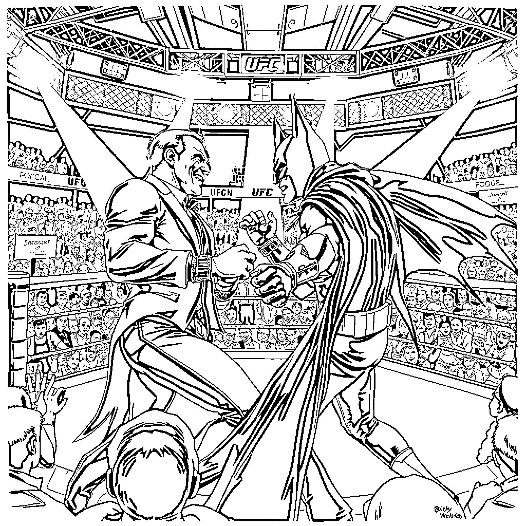 Batman battles a villain in the UFC octagon Coloring Page (free black-and-white line drawing printable PDF for all, from beginners to advanced learners, including children, teens, adults, and seniors)