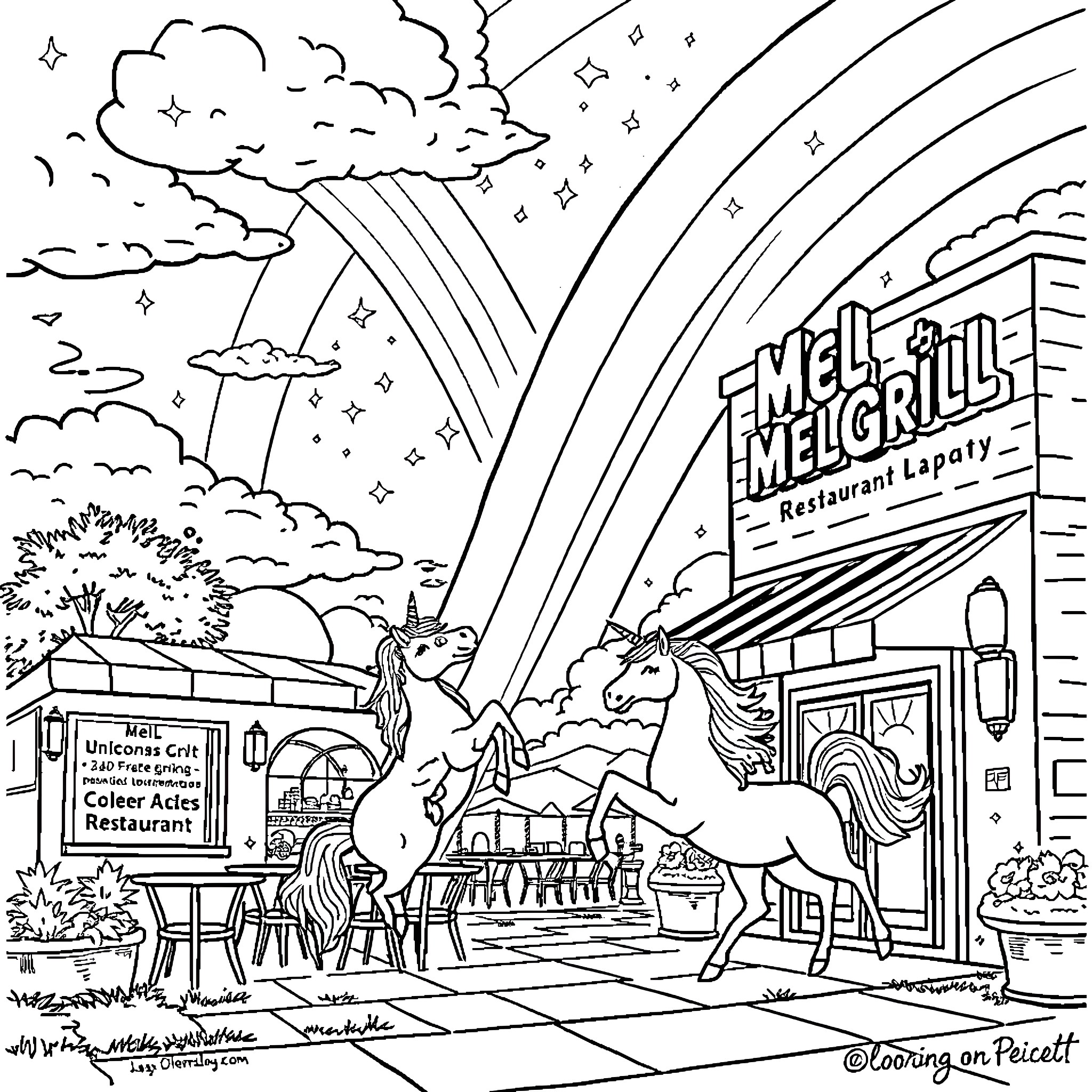 Unicorn visiting a lively diner Coloring Page (free black-and-white line drawing printable PDF for all, from beginners to advanced learners, including children, teens, adults, and seniors)