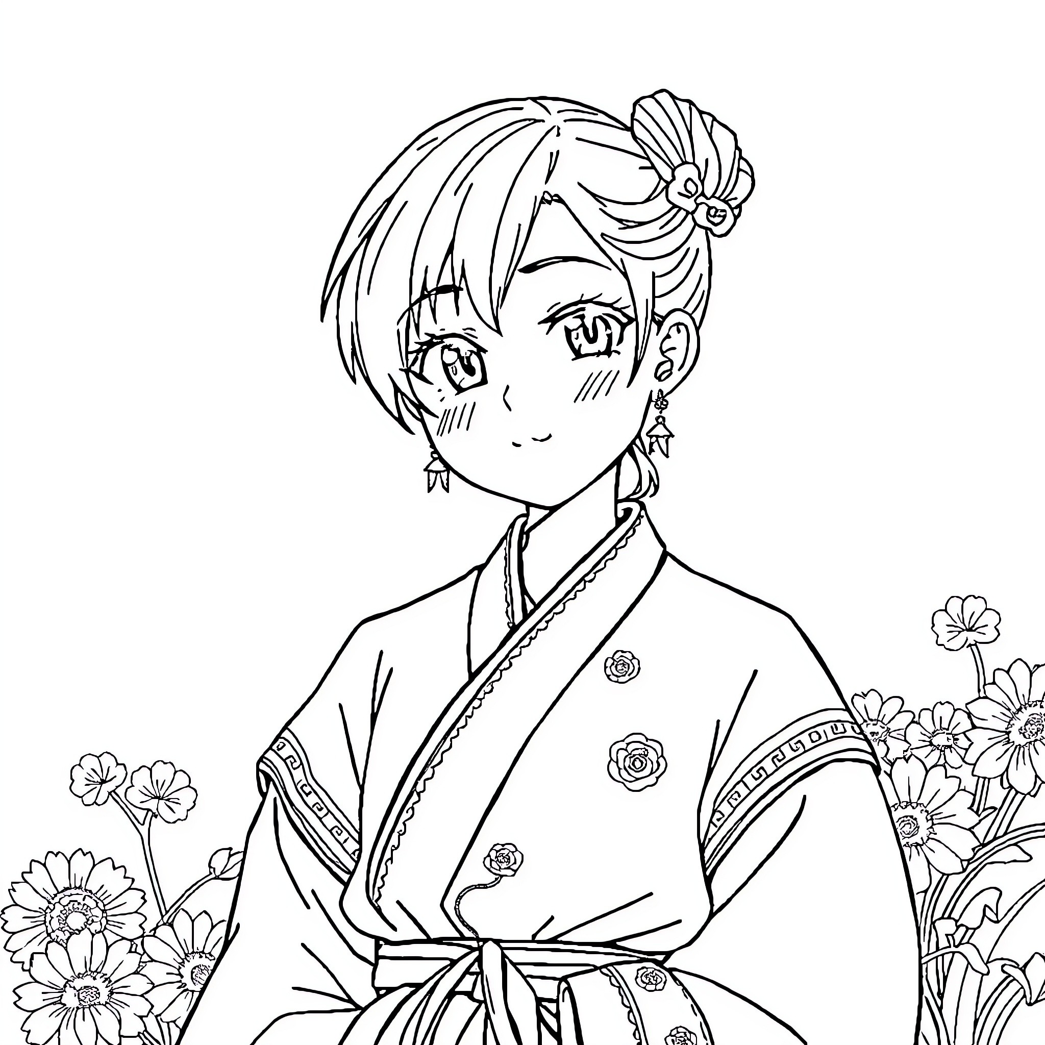 Anime Girl in Traditional Japanese Attire Coloring Page (free black-and-white line drawing printable PDF for all, from beginners to advanced learners, including children, teens, adults, and seniors)