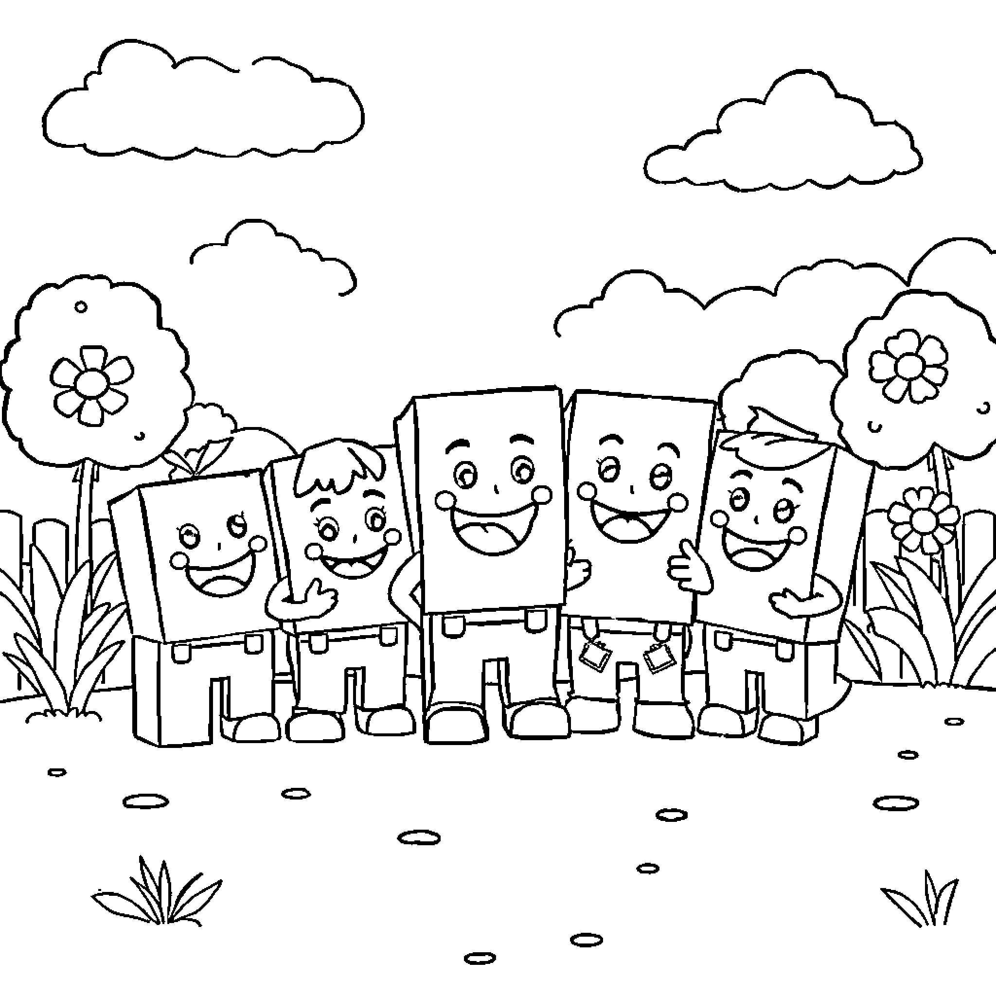 Number Blocks happily playing outdoors Coloring Page (free black-and-white line drawing printable PDF for all, from beginners to advanced learners, including children, teens, adults, and seniors)