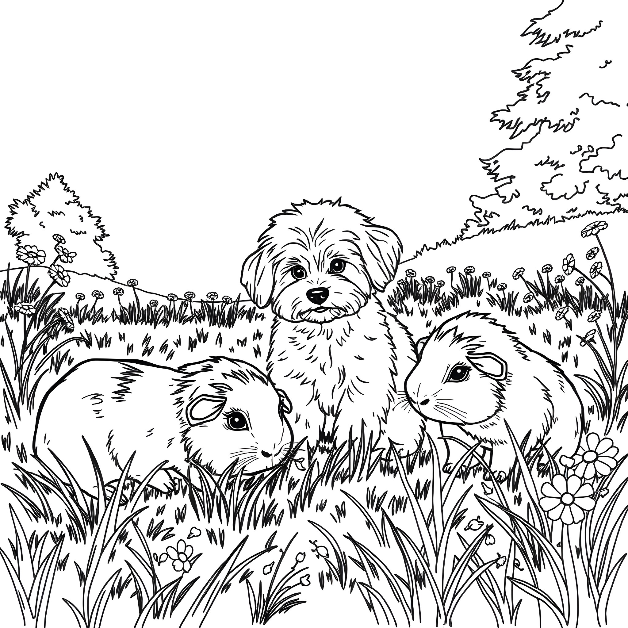 Guinea Pig Playing in Grassy Field with Flowers Coloring Page (free black-and-white line drawing printable PDF for all, from beginners to advanced learners, including children, teens, adults, and seniors)