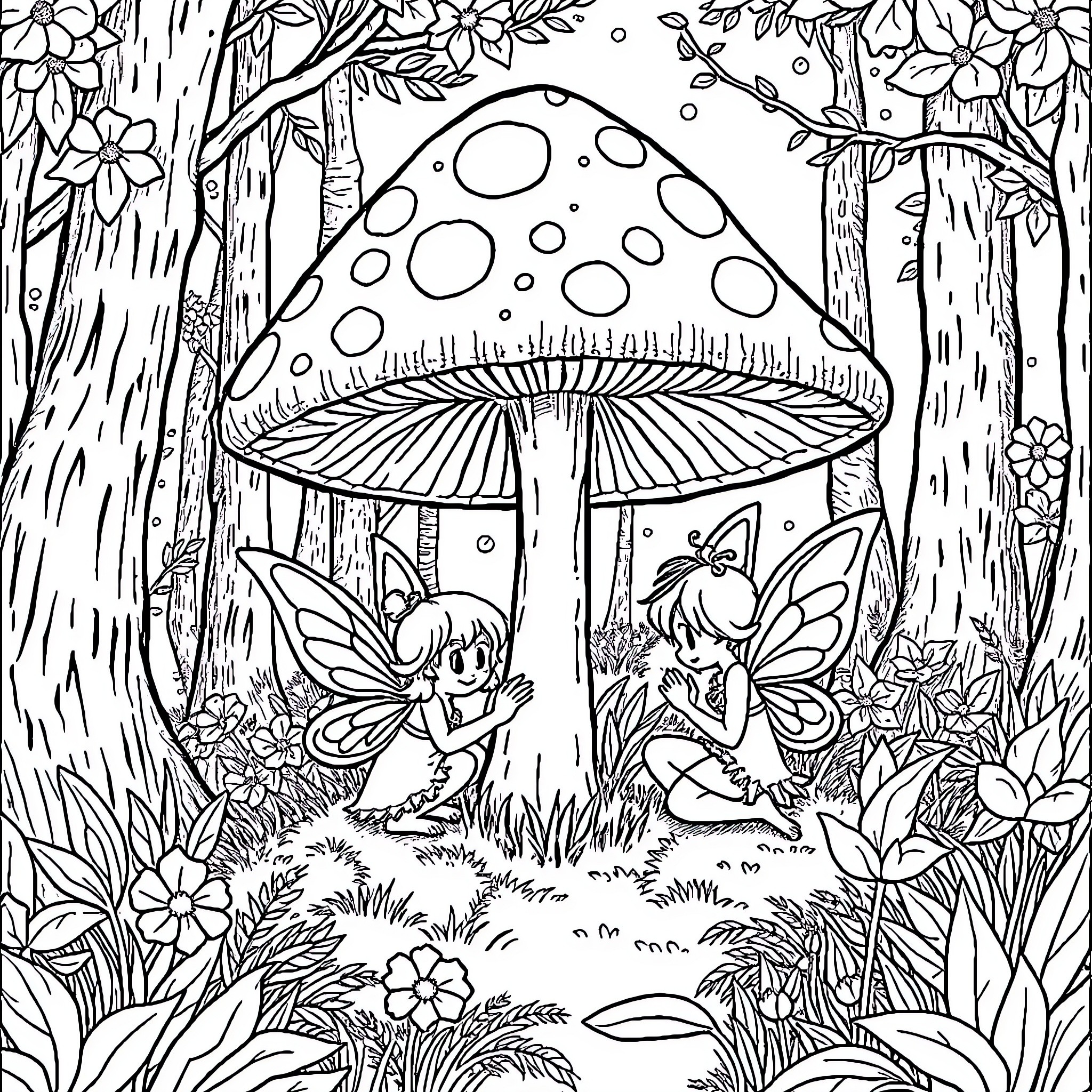 Fairy Forest Adventure with Mushrooms and Flowers Coloring Page (free black-and-white line drawing printable PDF for all, from beginners to advanced learners, including children, teens, adults, and seniors)