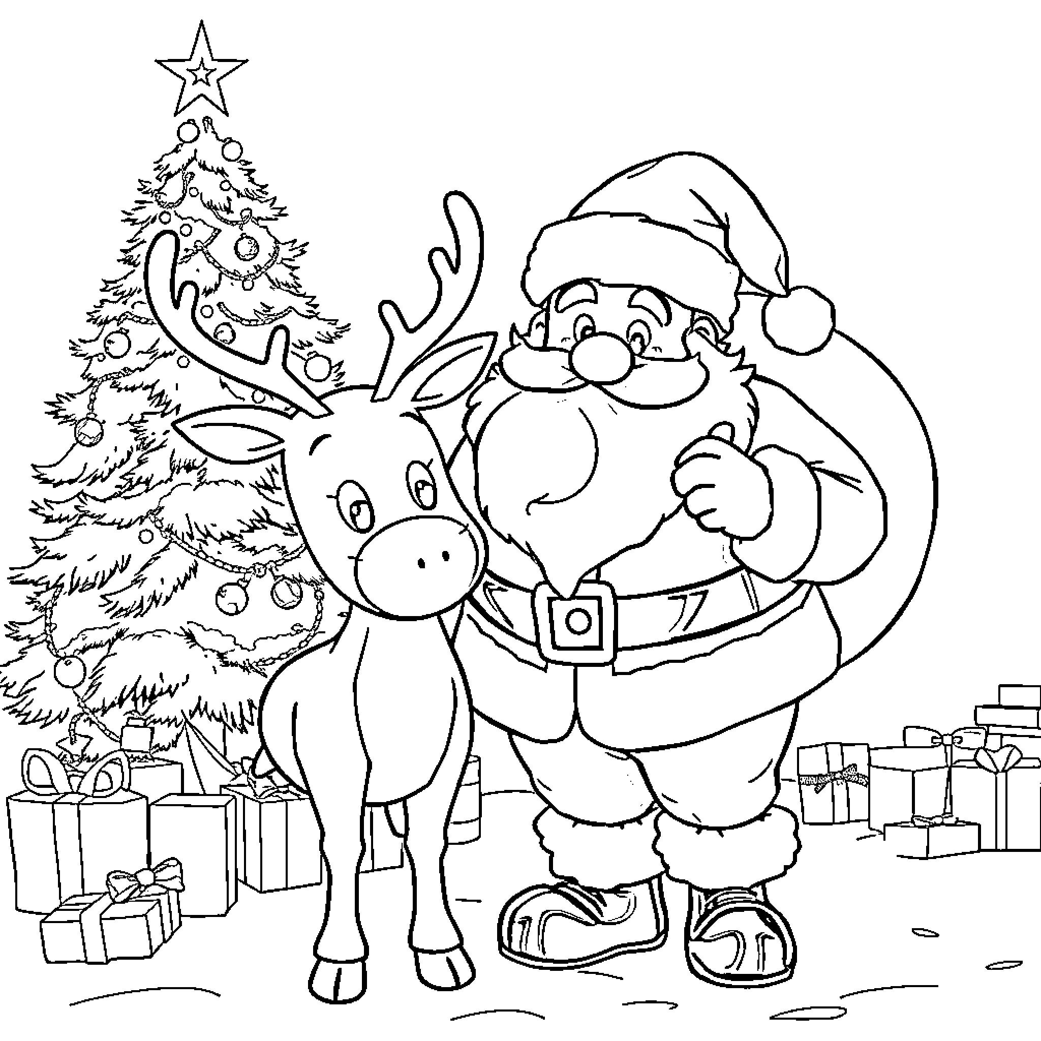 Rudolph and Santa celebrating Christmas together Coloring Page (free black-and-white line drawing printable PDF for all, from beginners to advanced learners, including children, teens, adults, and seniors)
