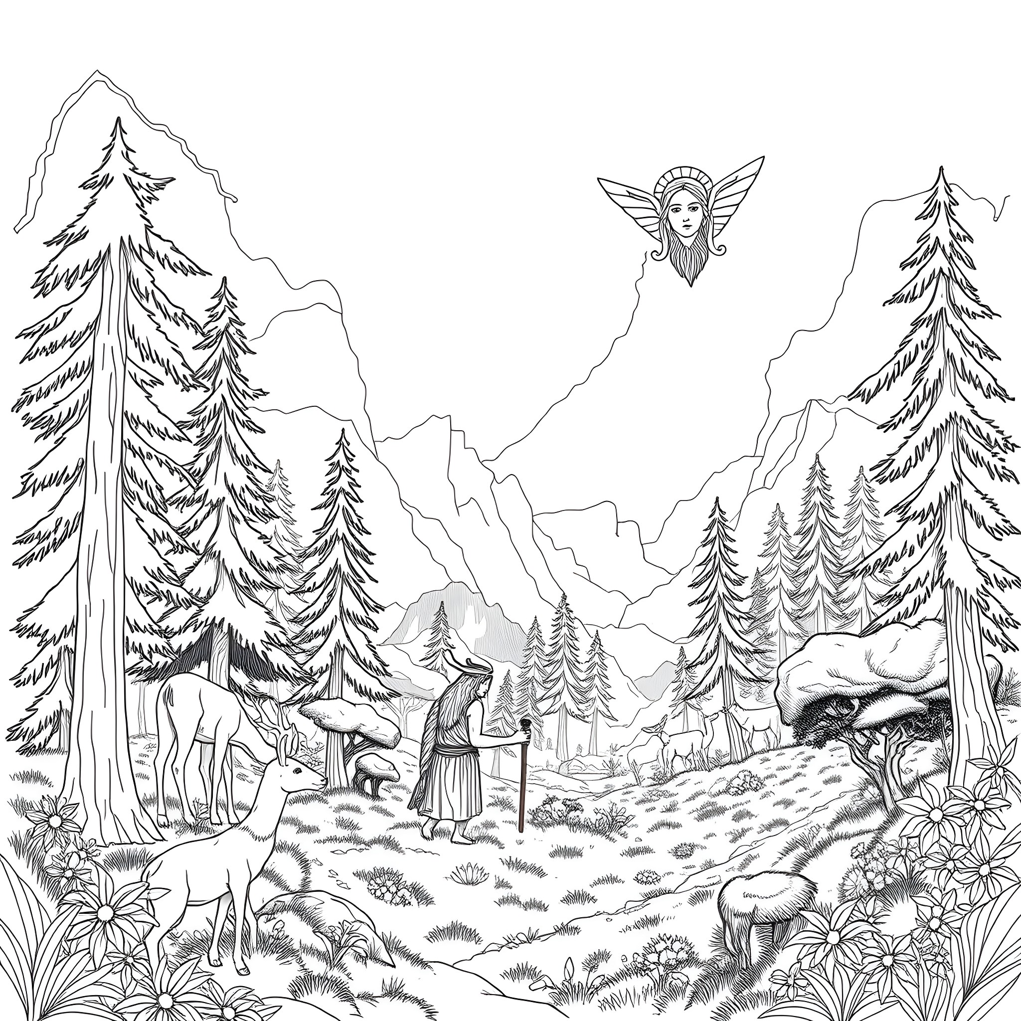 Human figures in a mystical forest landscape Coloring Page (free black-and-white line drawing printable PDF for all, from beginners to advanced learners, including children, teens, adults, and seniors)