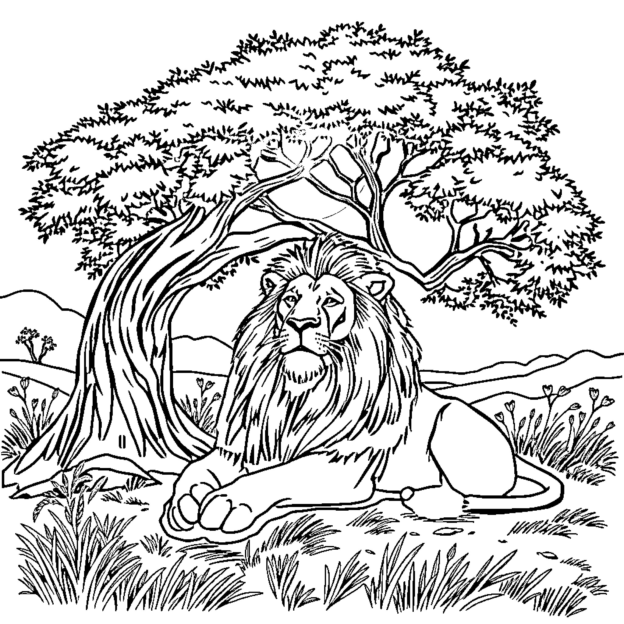 Lion resting under a majestic tree in the wilderness Coloring Page (free black-and-white line drawing printable PDF for all, from beginners to advanced learners, including children, teens, adults, and seniors)