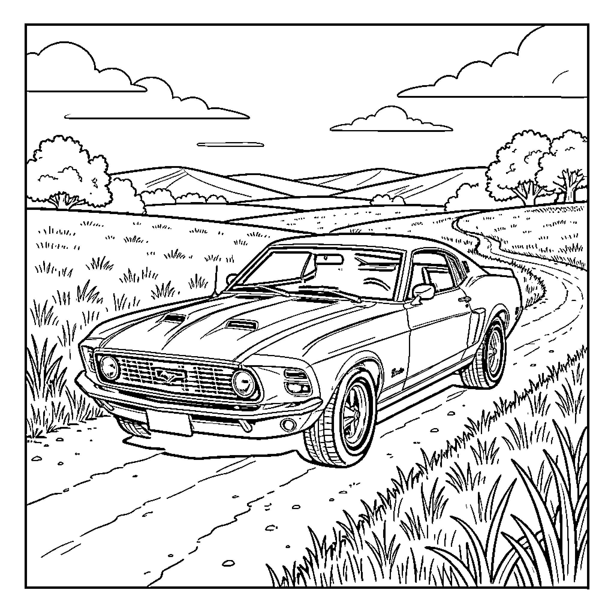 Ford Mustang driving along a winding country road Coloring Page (free black-and-white line drawing printable PDF for all, from beginners to advanced learners, including children, teens, adults, and seniors)