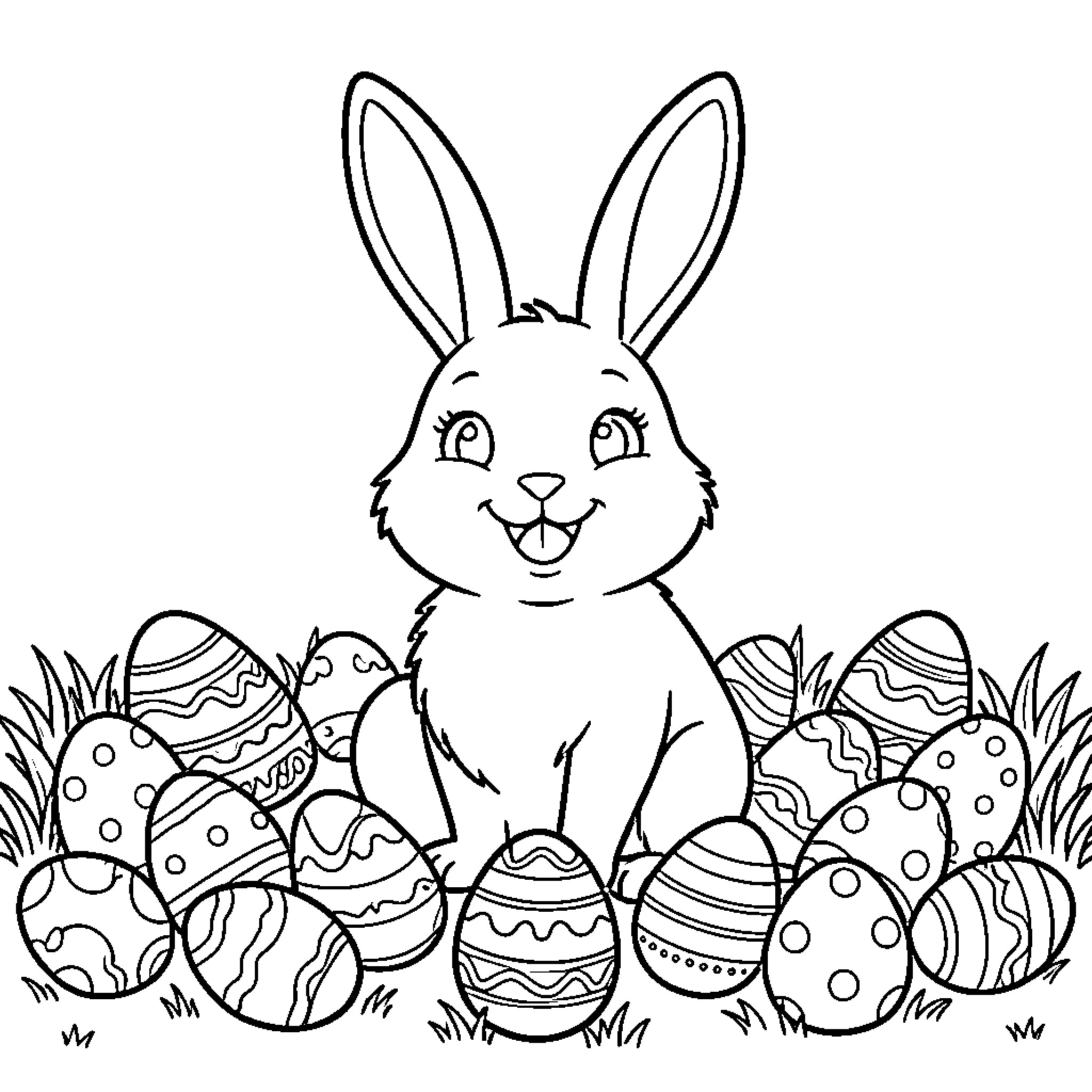 Easter Bunny surrounded by decorated eggs Coloring Page (free black-and-white line drawing printable PDF for all, from beginners to advanced learners, including children, teens, adults, and seniors)