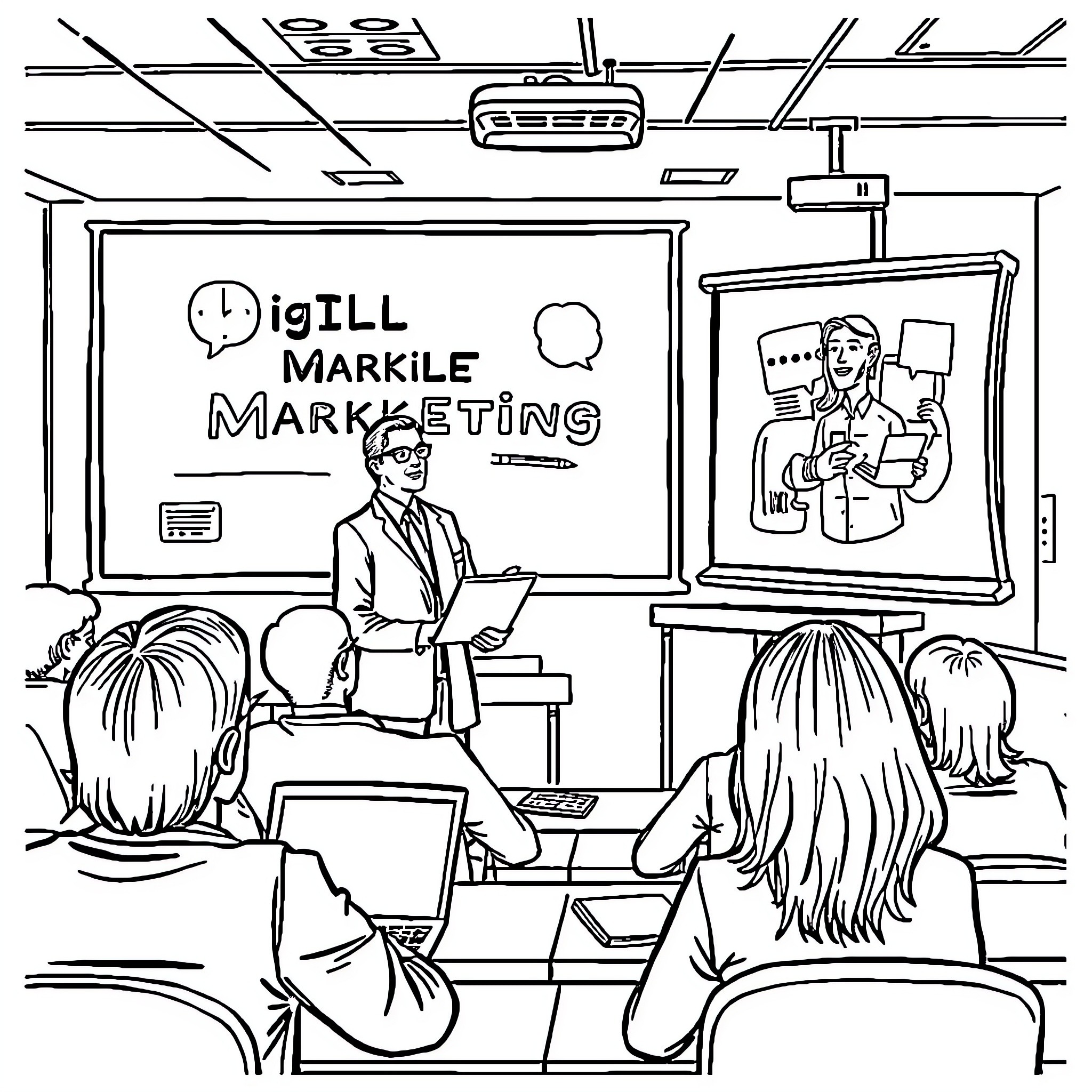 Professor Lecturing on Marketing to Students Coloring Page (free black-and-white line drawing printable PDF for all, from beginners to advanced learners, including children, teens, adults, and seniors)
