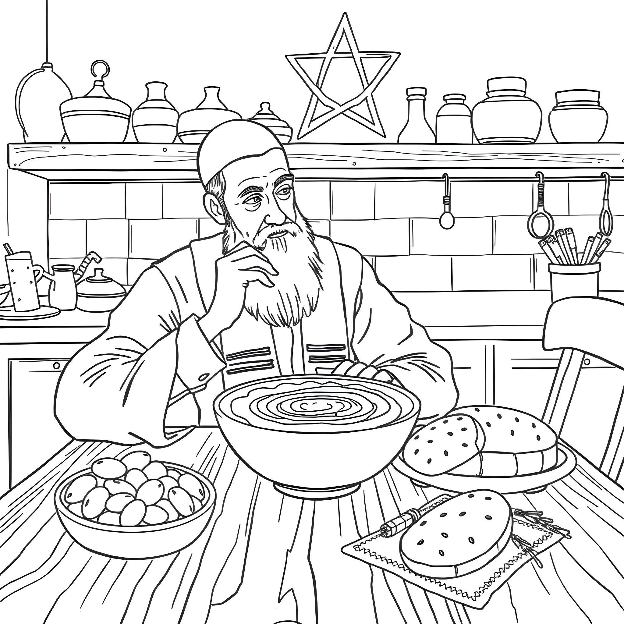 Rabbi preparing traditional Jewish food in the kitchen Coloring Page (free black-and-white line drawing printable PDF for all, from beginners to advanced learners, including children, teens, adults, and seniors)