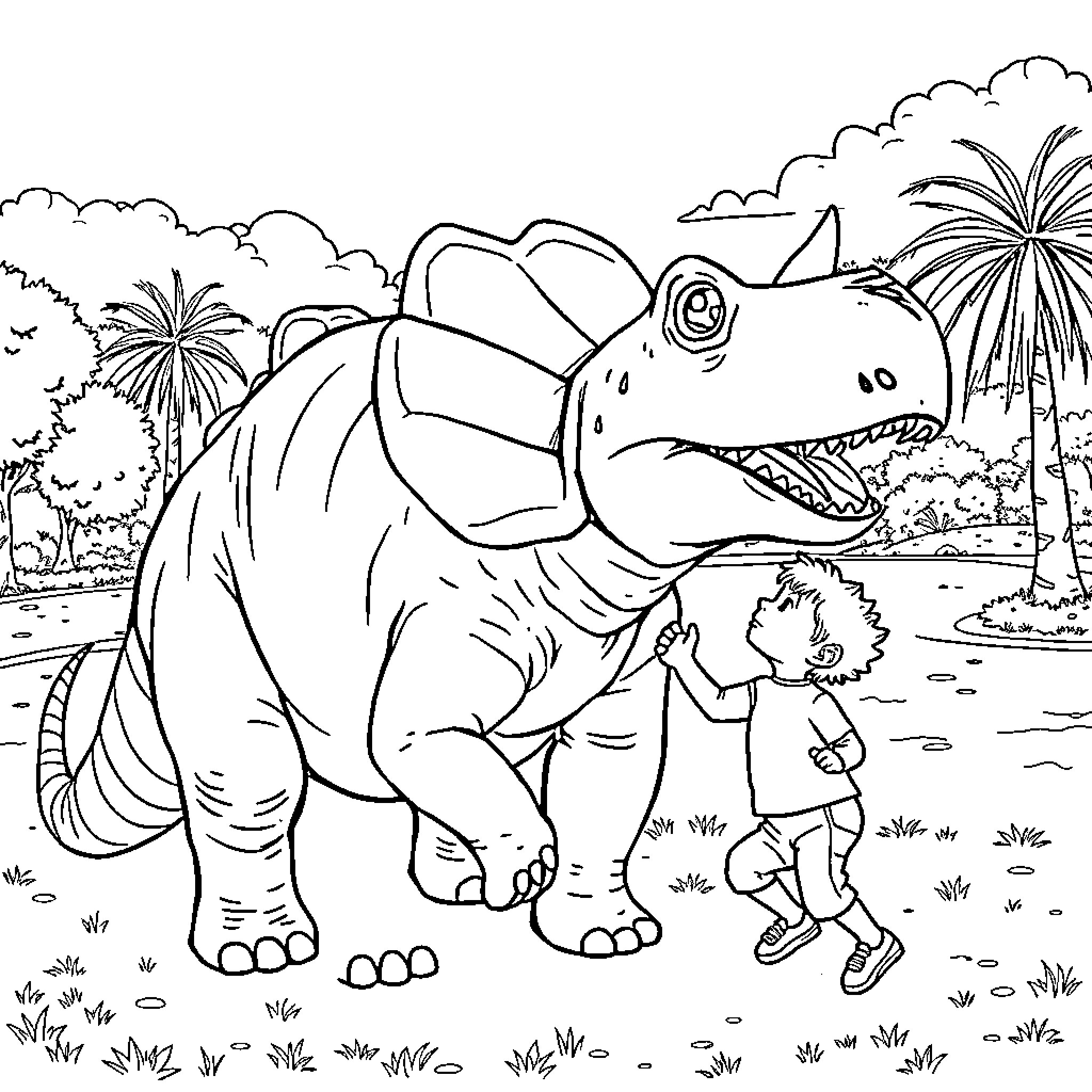 Triceratops interacting with a young explorer Coloring Page (free black-and-white line drawing printable PDF for all, from beginners to advanced learners, including children, teens, adults, and seniors)
