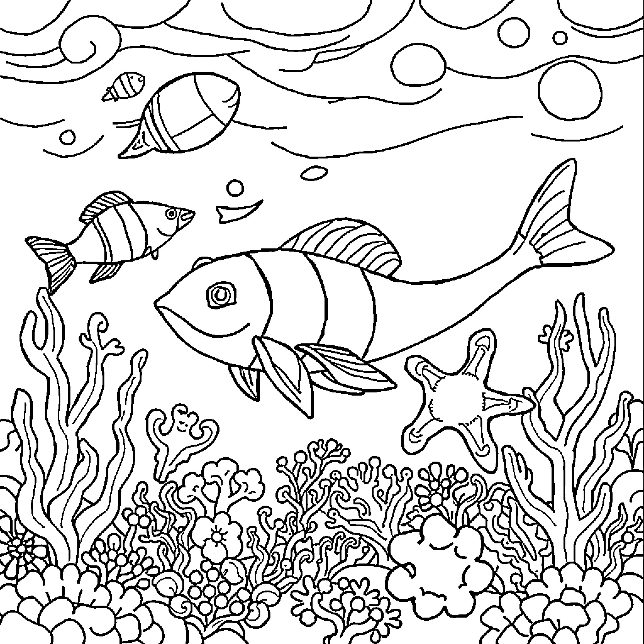 Sea Creature Exploration in Vibrant Underwater Scene Coloring Page (free black-and-white line drawing printable PDF for all, from beginners to advanced learners, including children, teens, adults, and seniors)