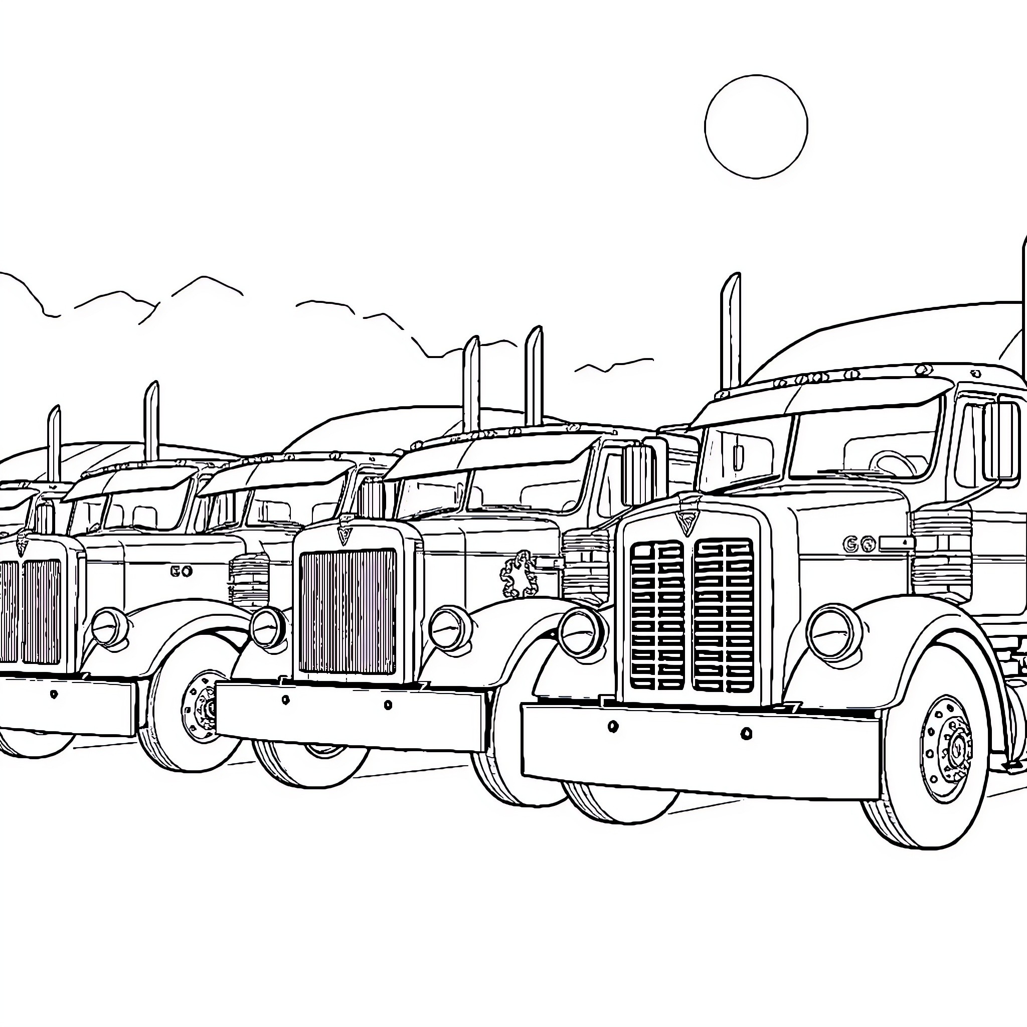 Truck convoy carrying heavy cargo through rugged terrain Coloring Page (free black-and-white line drawing printable PDF for all, from beginners to advanced learners, including children, teens, adults, and seniors)