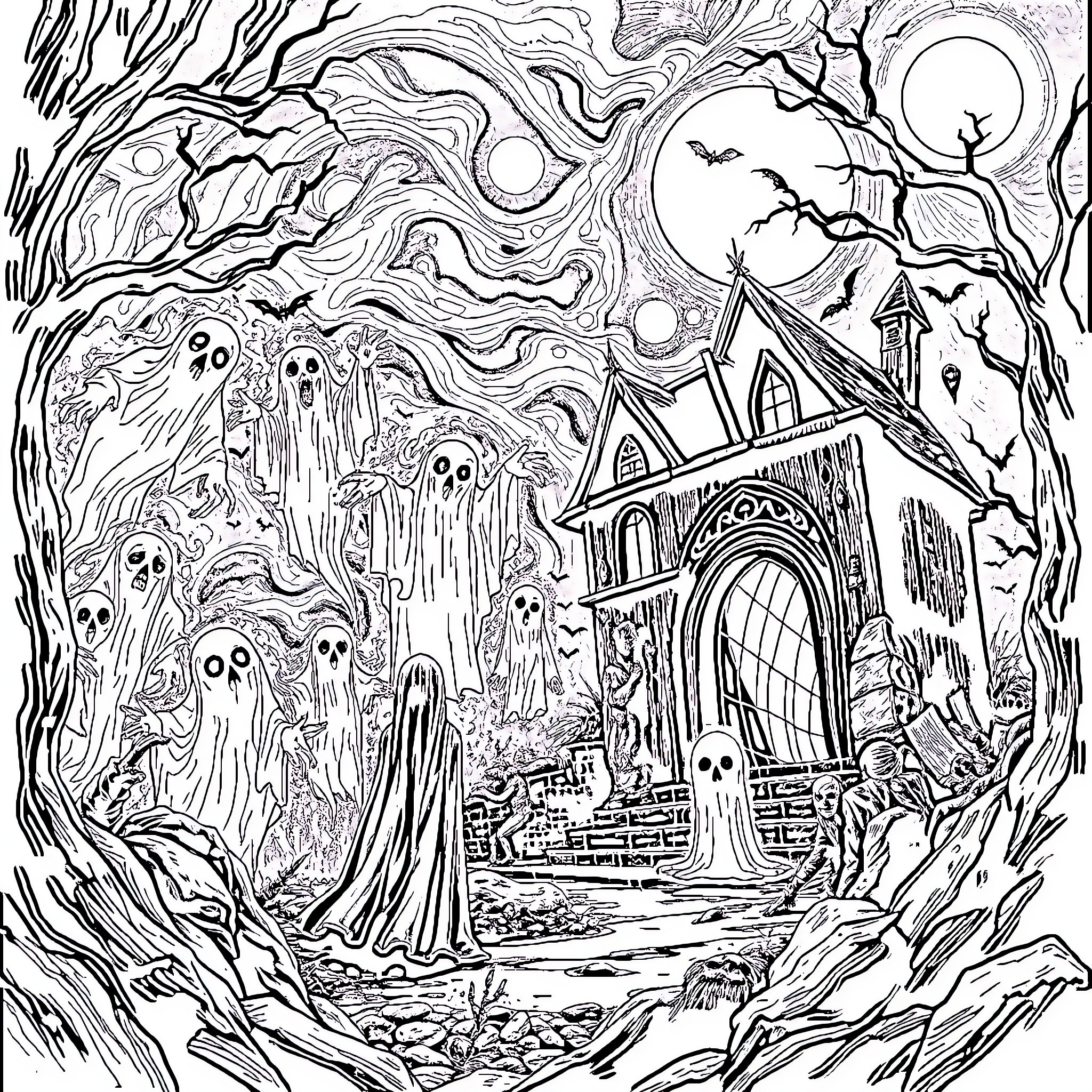 Supernatural Haunted House and Ghostly Apparitions Coloring Page (free black-and-white line drawing printable PDF for all, from beginners to advanced learners, including children, teens, adults, and seniors)