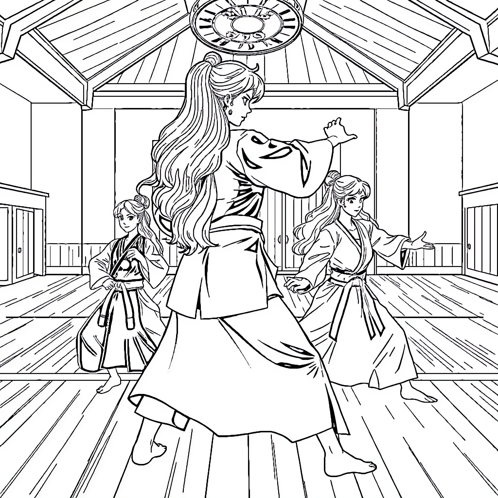Princess dancing elegantly with companions in ornate hall Coloring Page (free black-and-white line drawing printable PDF for all, from beginners to advanced learners, including children, teens, adults, and seniors)