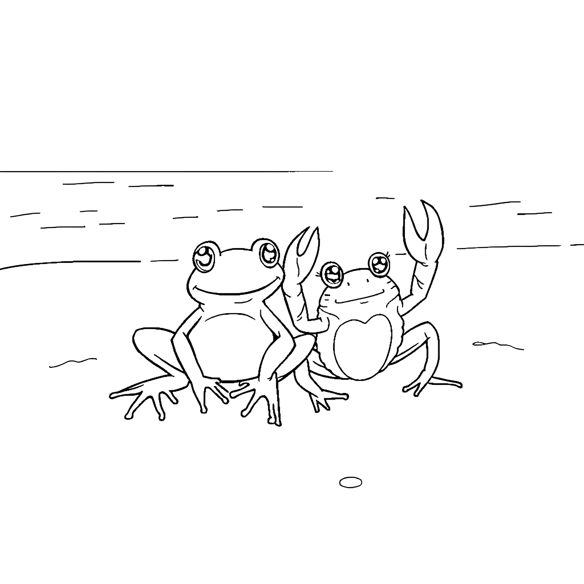 Frog friends exploring the outdoors Coloring Page (free black-and-white line drawing printable PDF for all, from beginners to advanced learners, including children, teens, adults, and seniors)