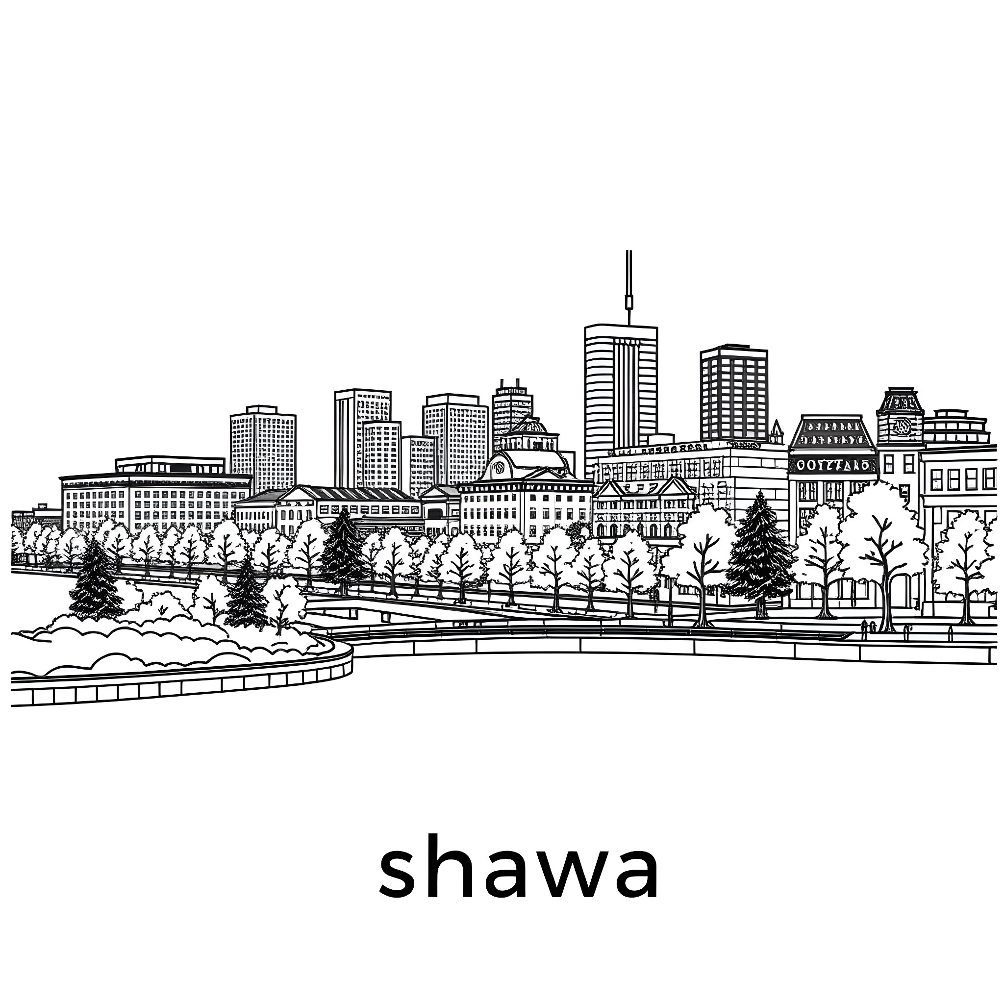 Oshawa skyline with buildings and trees Coloring Page (free black-and-white line drawing printable PDF for all, from beginners to advanced learners, including children, teens, adults, and seniors)