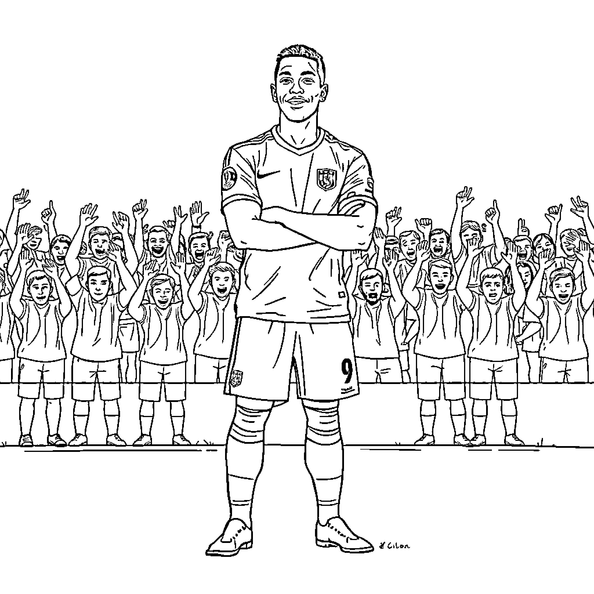 Kilian Mbappé leading a soccer team onto the field Coloring Page (free black-and-white line drawing printable PDF for all, from beginners to advanced learners, including children, teens, adults, and seniors)