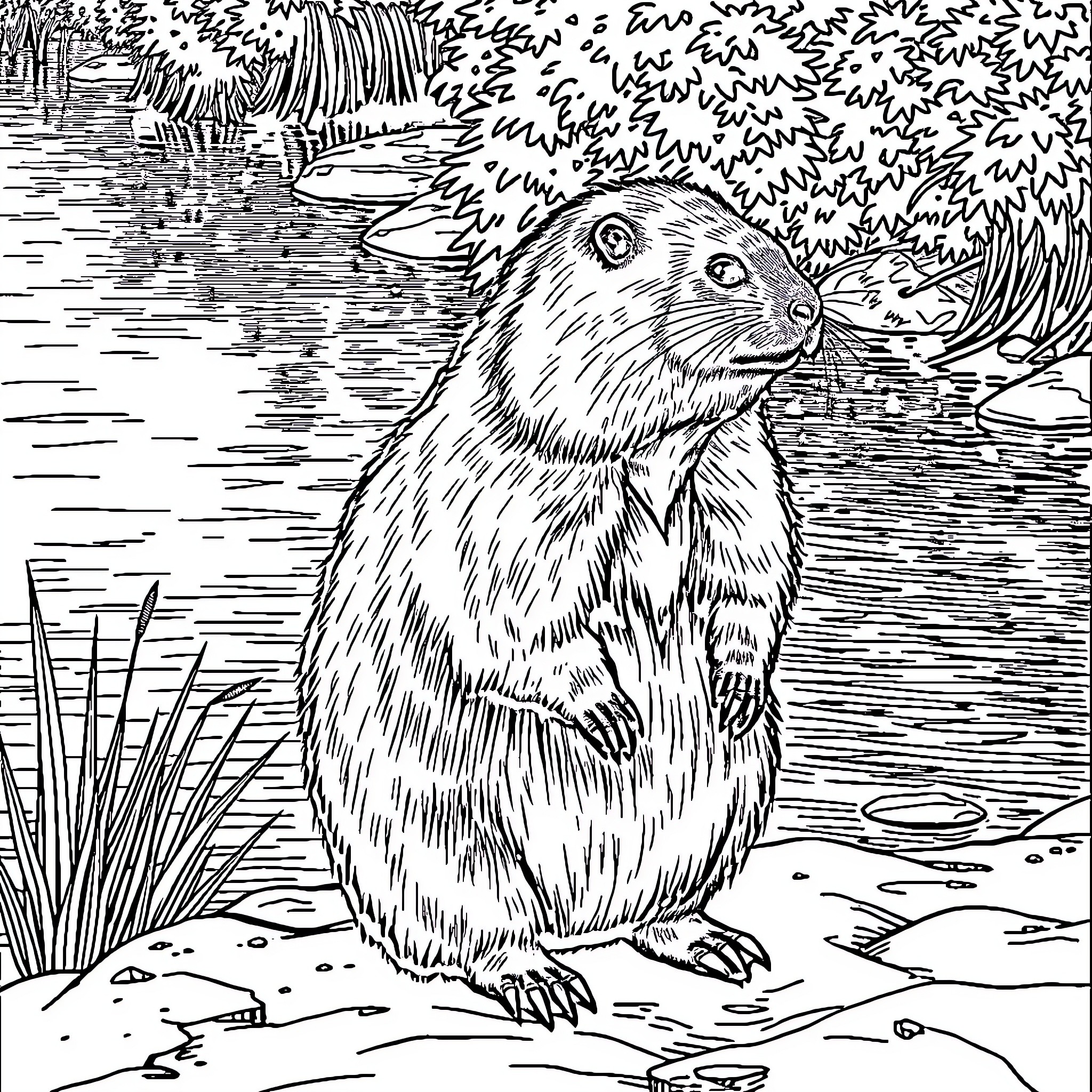 Capybara observing its natural habitat Coloring Page (free black-and-white line drawing printable PDF for all, from beginners to advanced learners, including children, teens, adults, and seniors)