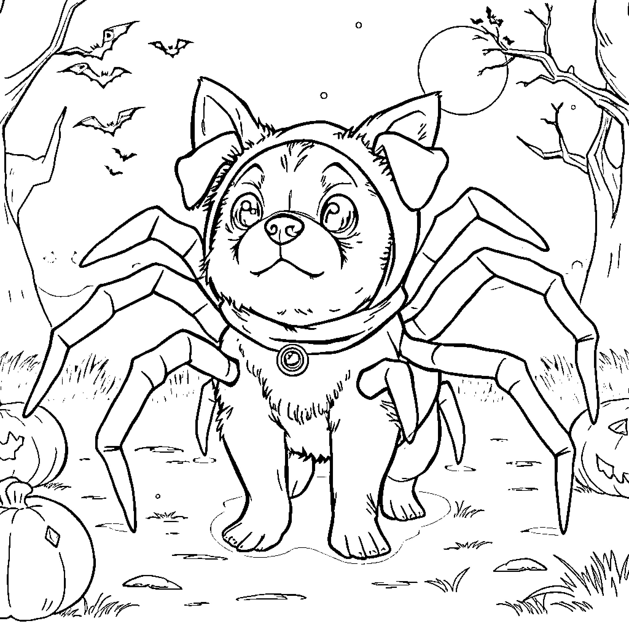 Dog dressed as a spider in a spooky forest Coloring Page (free black-and-white line drawing printable PDF for all, from beginners to advanced learners, including children, teens, adults, and seniors)