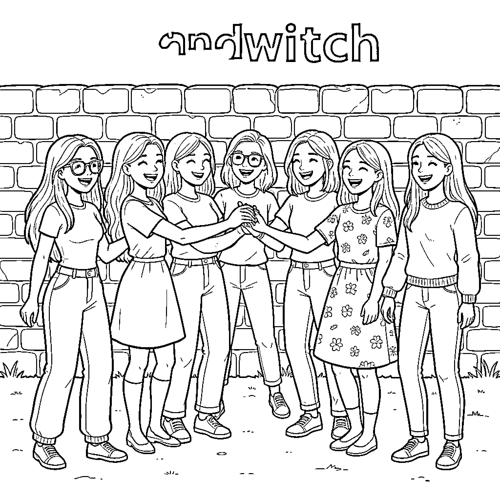 Fille's happy group of friends in casual attire Coloring Page (free black-and-white line drawing printable PDF for all, from beginners to advanced learners, including children, teens, adults, and seniors)