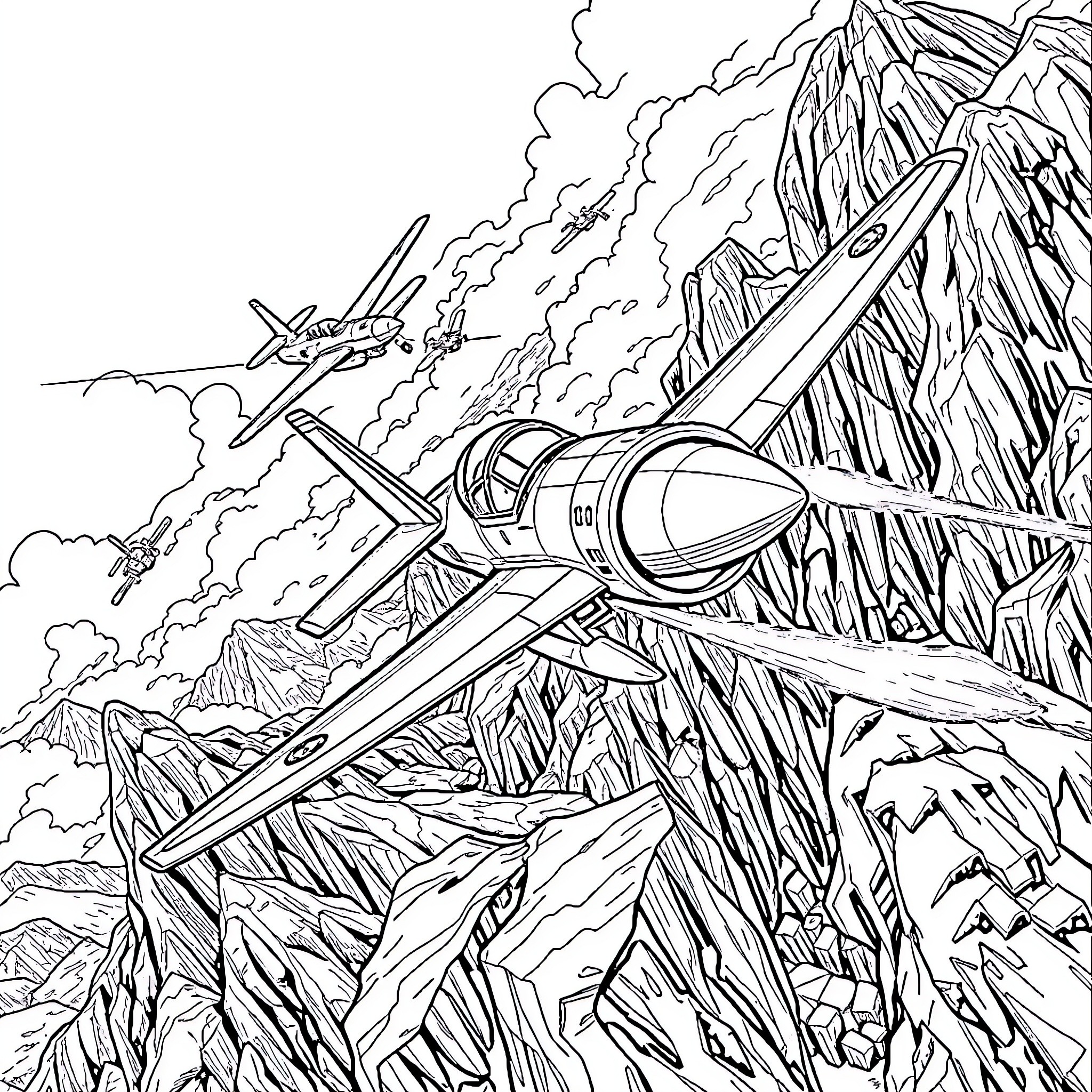 Jet fighter planes soaring over rugged terrain Coloring Page (free black-and-white line drawing printable PDF for all, from beginners to advanced learners, including children, teens, adults, and seniors)