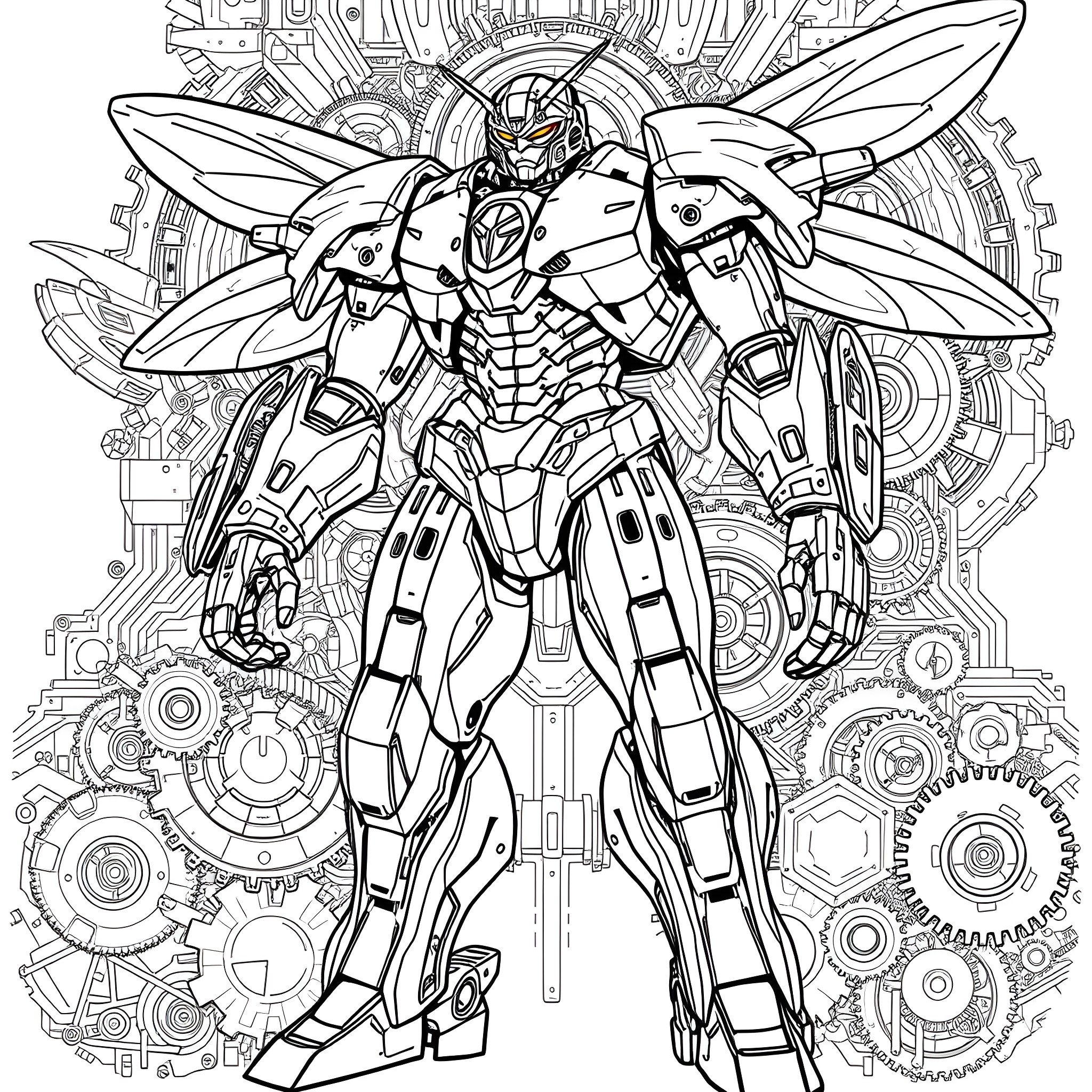 Wasp-inspired Mecha Warrior in Futuristic Machinery Coloring Page (free black-and-white line drawing printable PDF for all, from beginners to advanced learners, including children, teens, adults, and seniors)