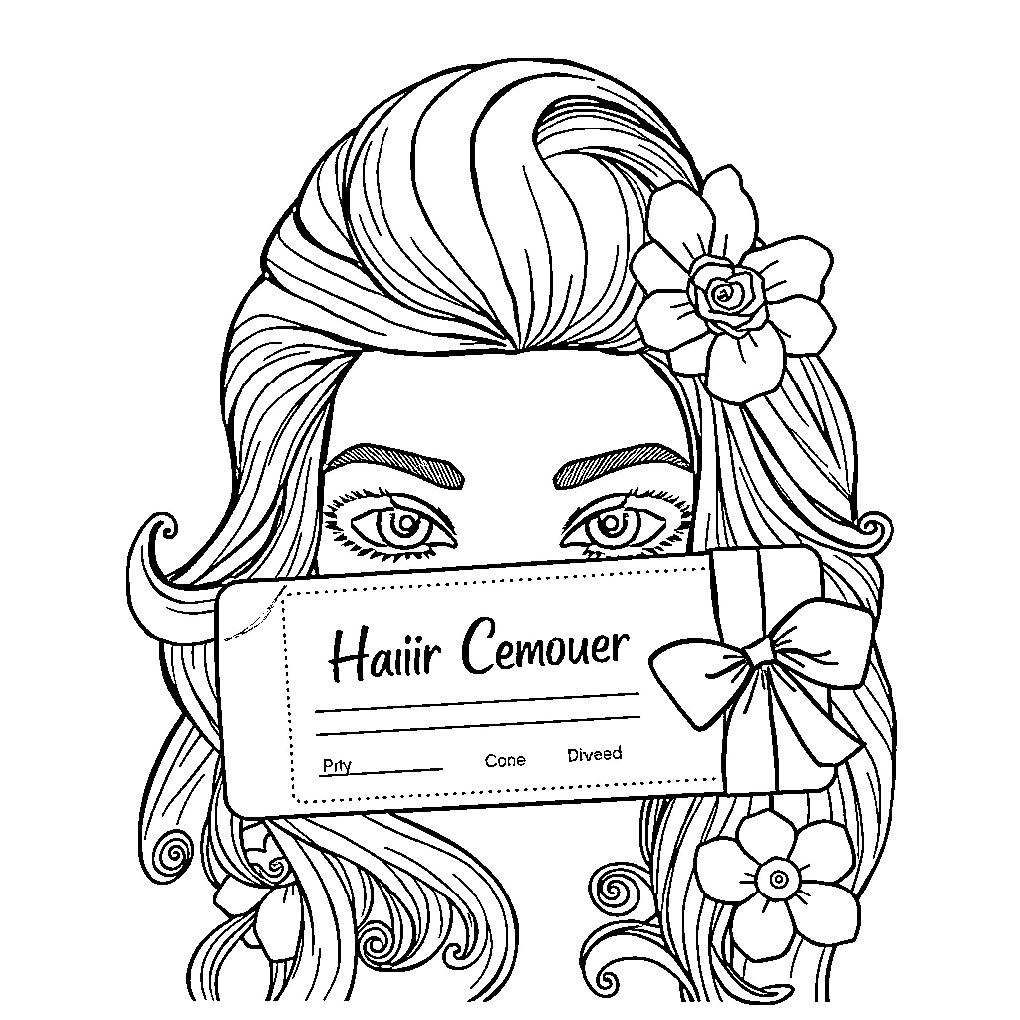 Voucher for Beauty Salon Services with Floral Accents Coloring Page (free black-and-white line drawing printable PDF for all, from beginners to advanced learners, including children, teens, adults, and seniors)