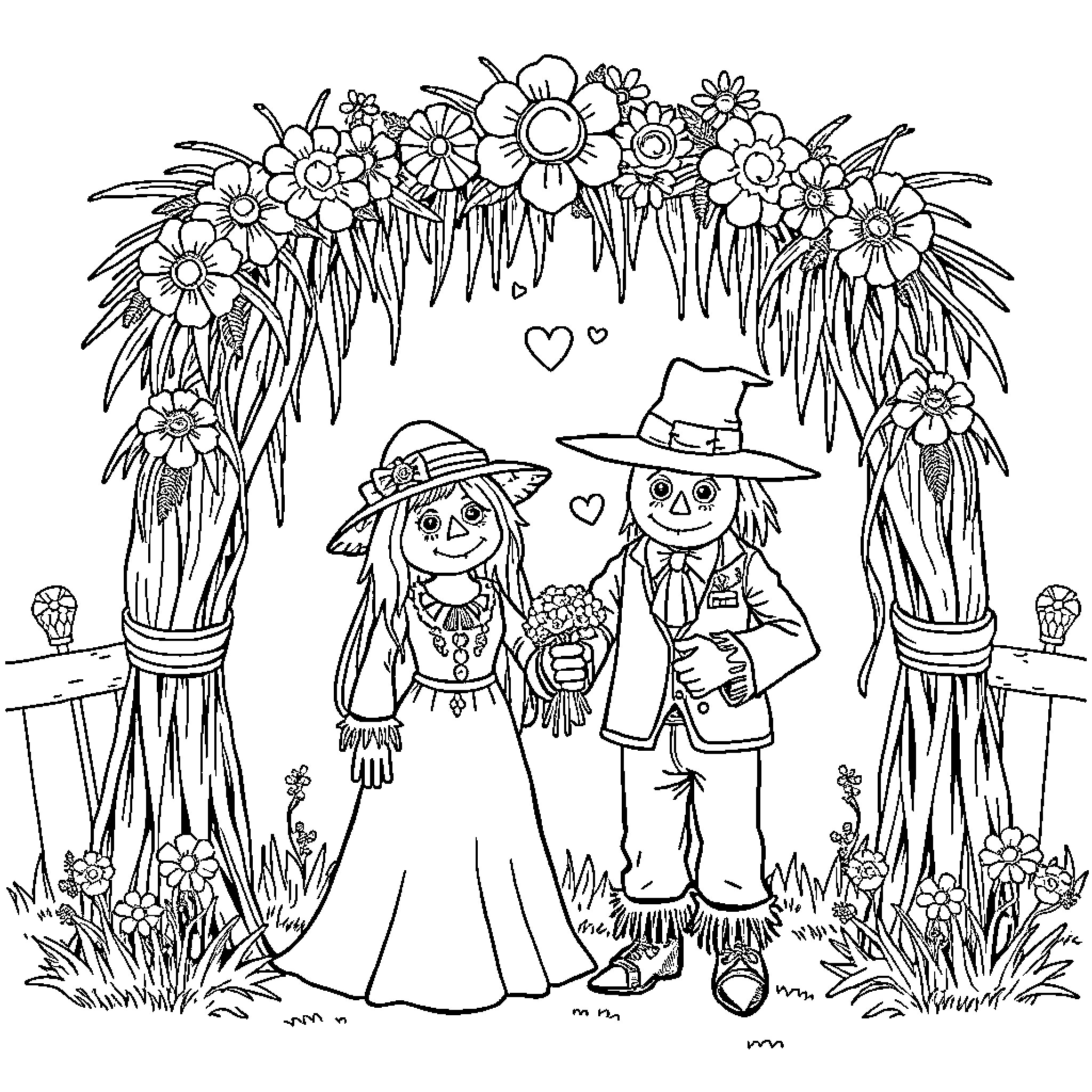 Scarecrows celebrating under a floral arch Coloring Page (free black-and-white line drawing printable PDF for all, from beginners to advanced learners, including children, teens, adults, and seniors)