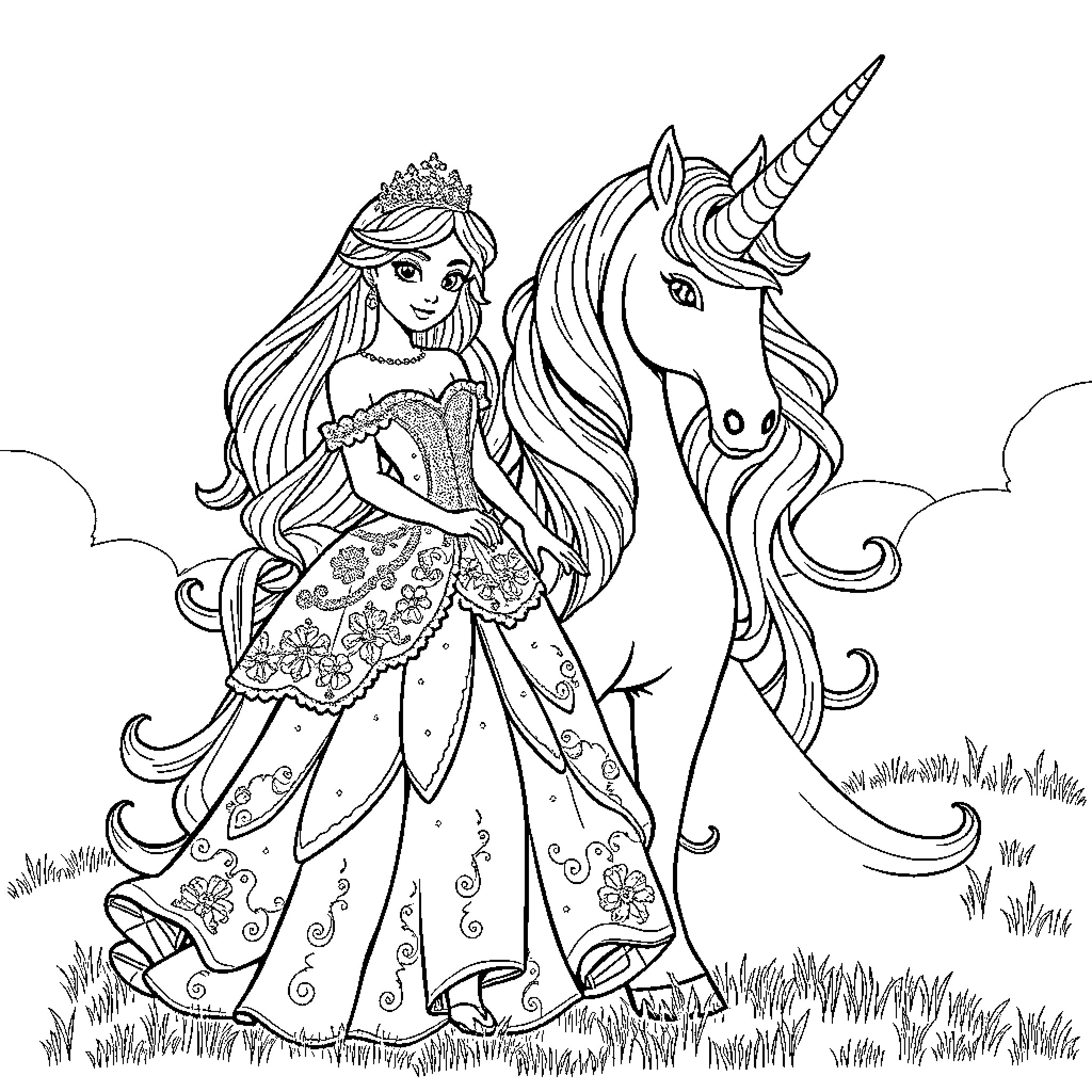 Princess and her Majestic Unicorn Coloring Page (free black-and-white line drawing printable PDF for all, from beginners to advanced learners, including children, teens, adults, and seniors)
