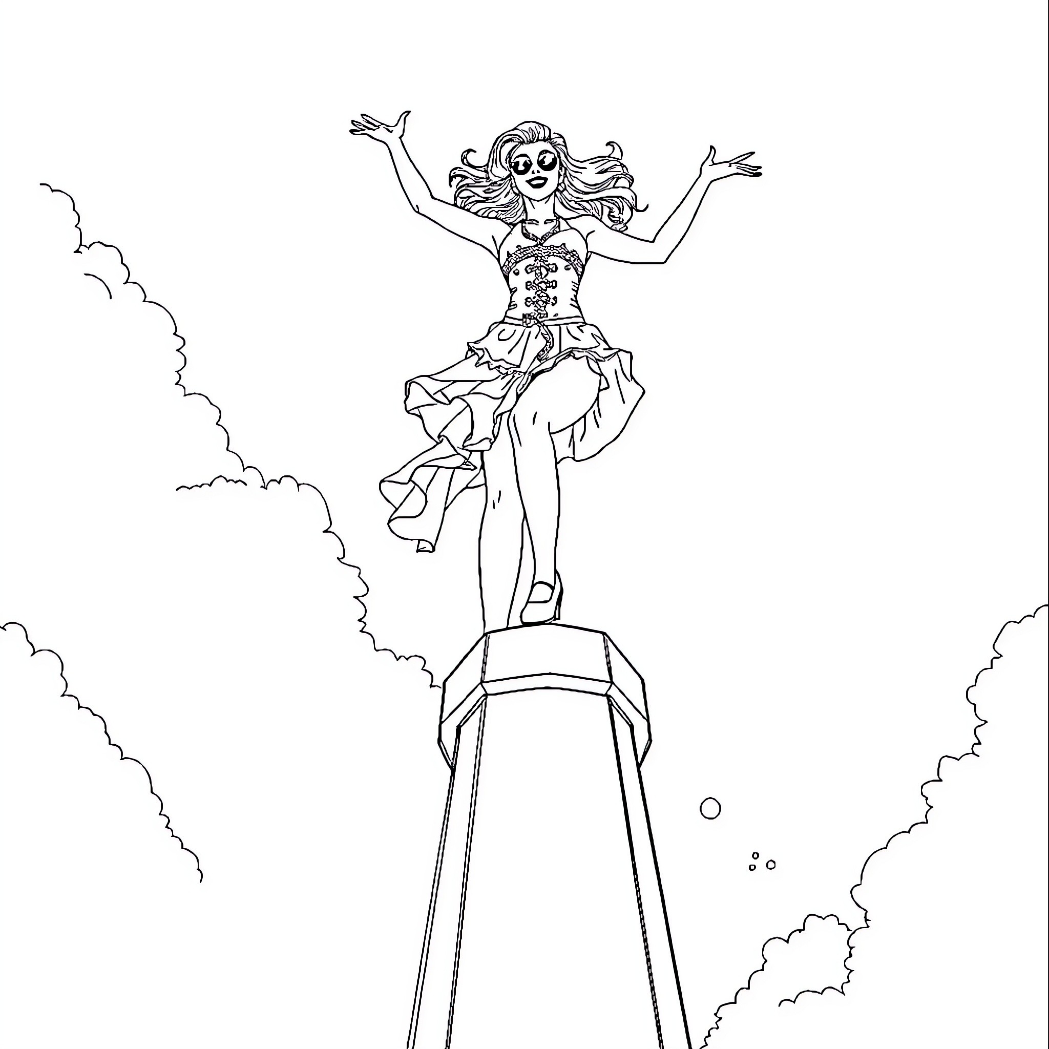 Lady Gaga performing on stage with extravagant costume Coloring Page (free black-and-white line drawing printable PDF for all, from beginners to advanced learners, including children, teens, adults, and seniors)