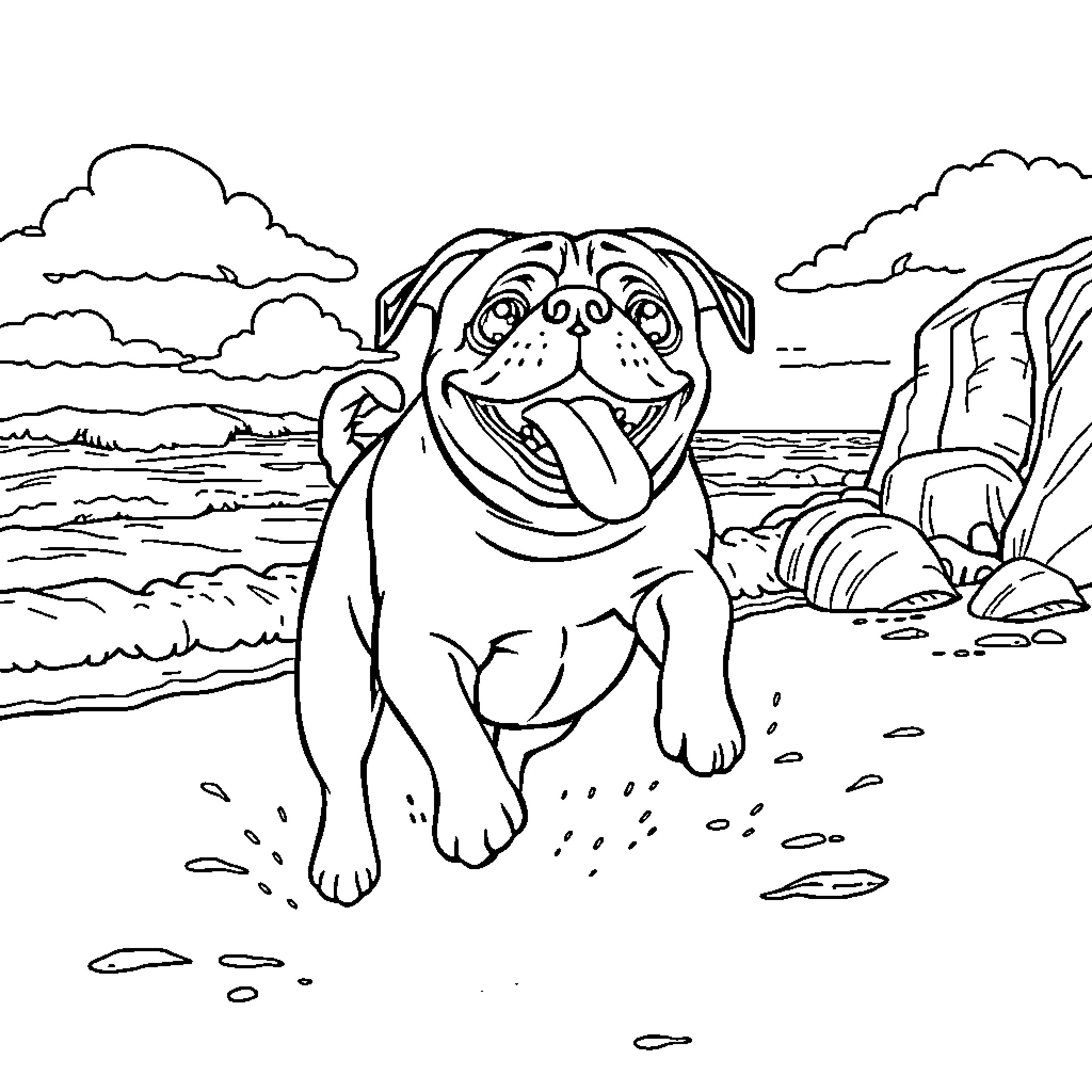 Pug enjoying a day at the beach Coloring Page (free black-and-white line drawing printable PDF for all, from beginners to advanced learners, including children, teens, adults, and seniors)