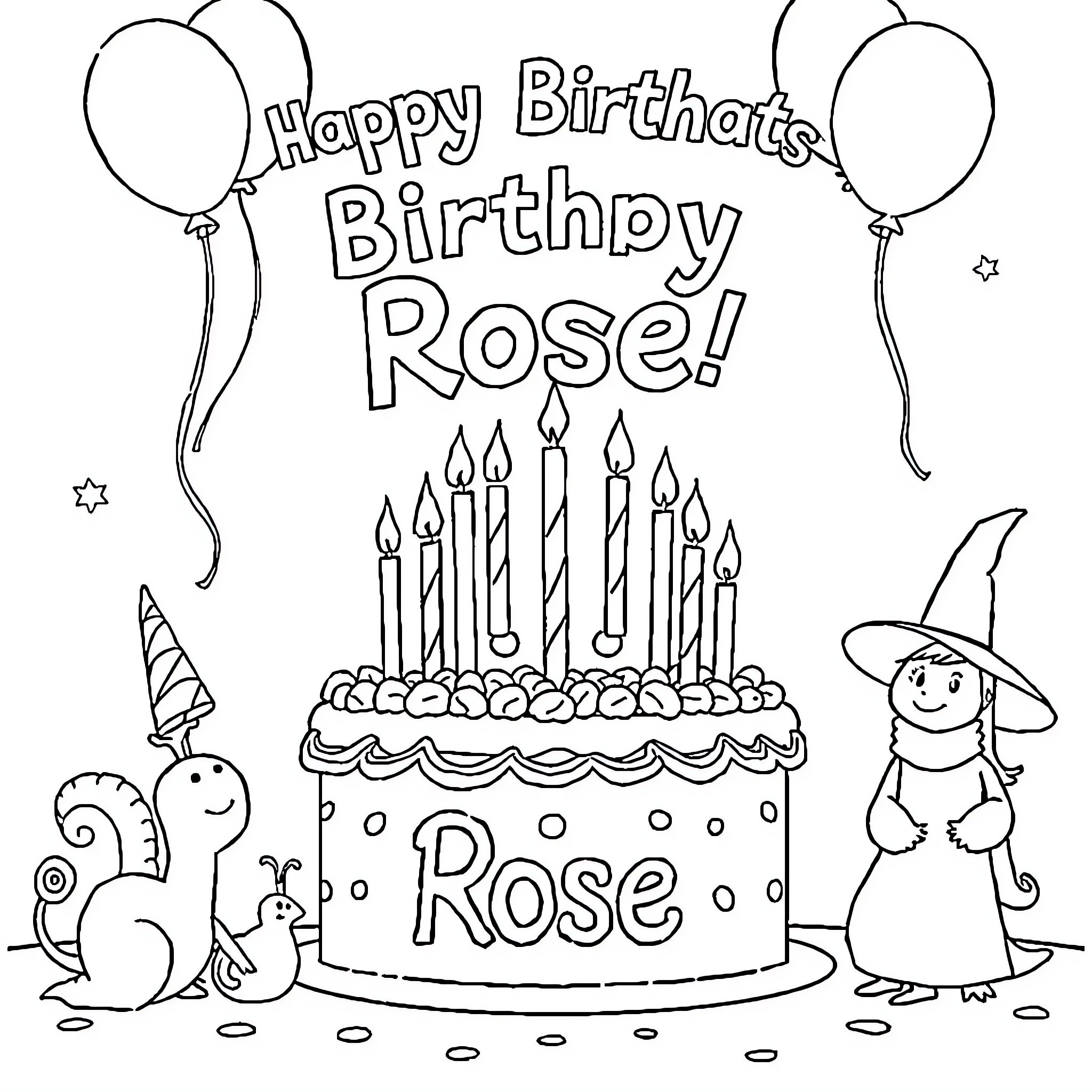 Birthday Party Celebration for Rose Coloring Page (free black-and-white line drawing printable PDF for all, from beginners to advanced learners, including children, teens, adults, and seniors)