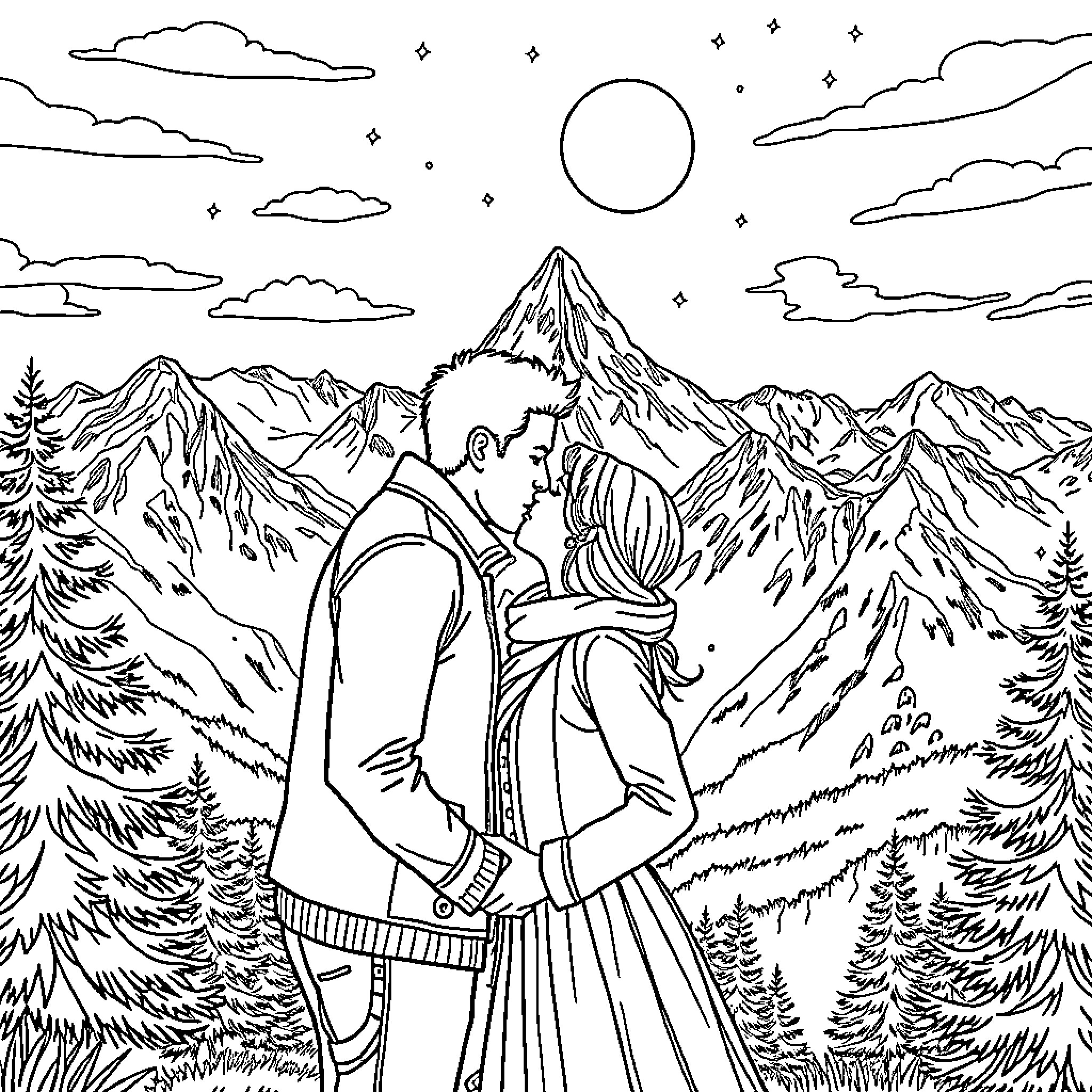 Lover's embrace amidst the majestic mountains Coloring Page (free black-and-white line drawing printable PDF for all, from beginners to advanced learners, including children, teens, adults, and seniors)