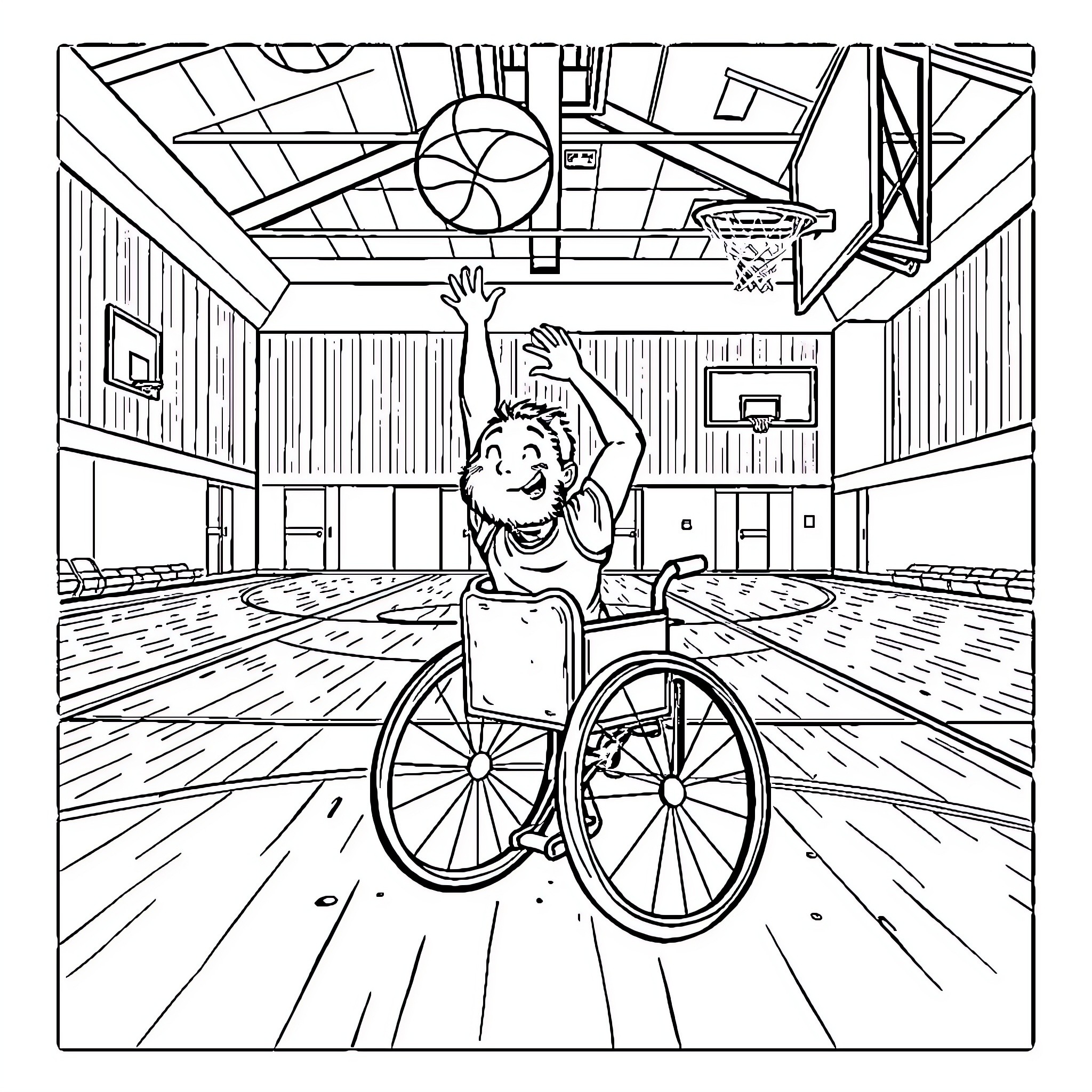 Boy Playing Basketball in Wheelchair on Court Coloring Page (free black-and-white line drawing printable PDF for all, from beginners to advanced learners, including children, teens, adults, and seniors)