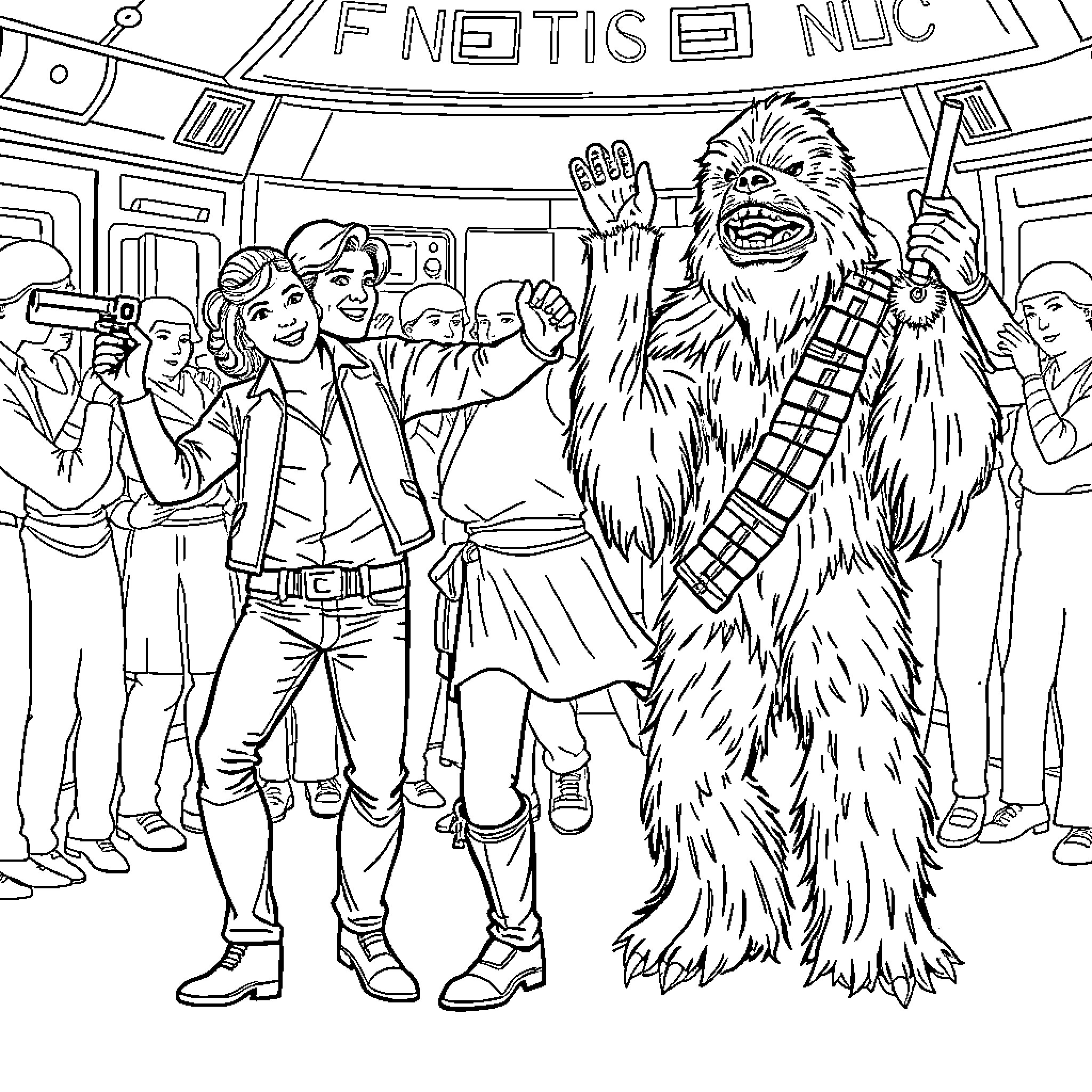 Han Solo and Chewbacca in Celebratory Crowd Coloring Page (free black-and-white line drawing printable PDF for all, from beginners to advanced learners, including children, teens, adults, and seniors)