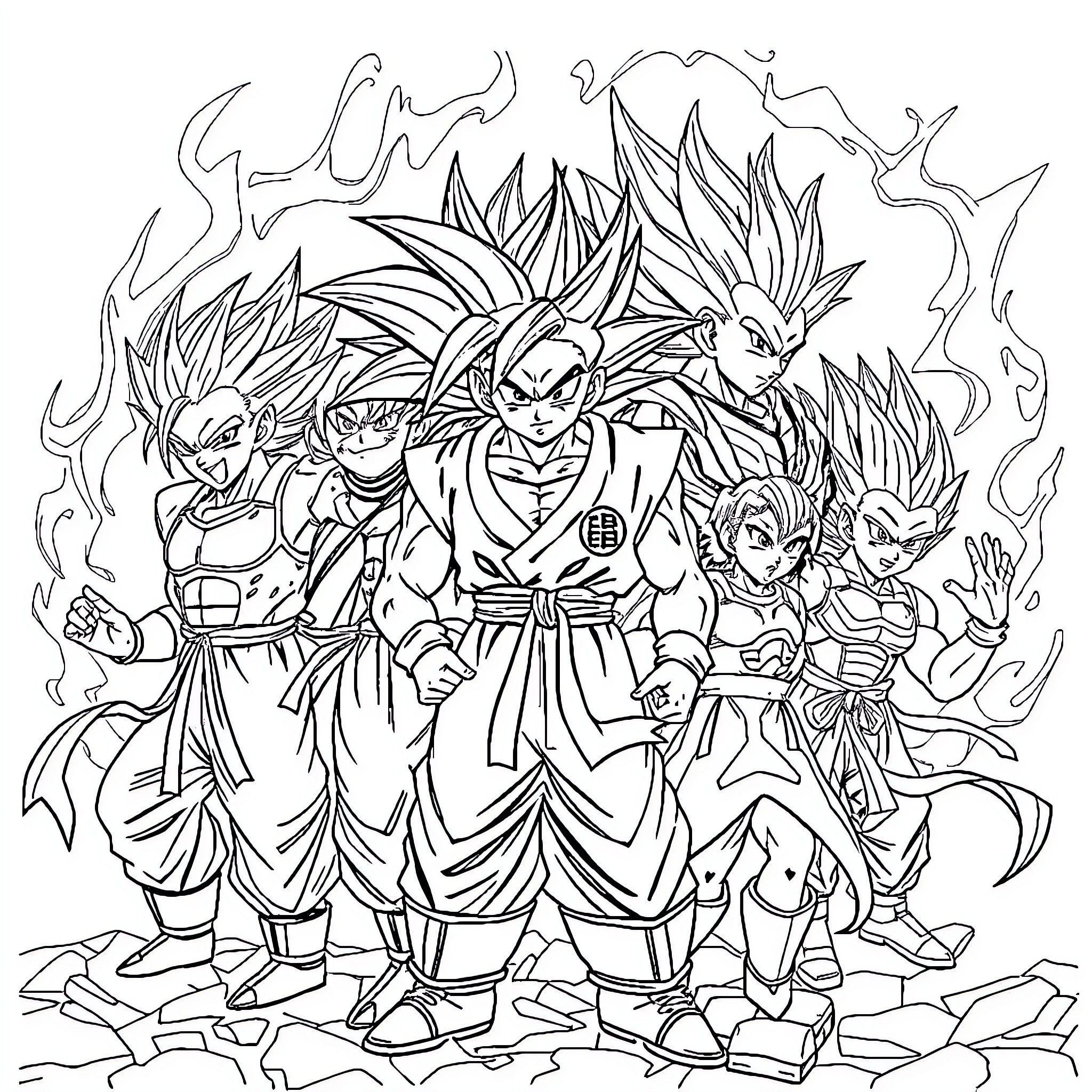 Dragon Ball Characters in Epic Battle Pose Coloring Page (free black-and-white line drawing printable PDF for all, from beginners to advanced learners, including children, teens, adults, and seniors)