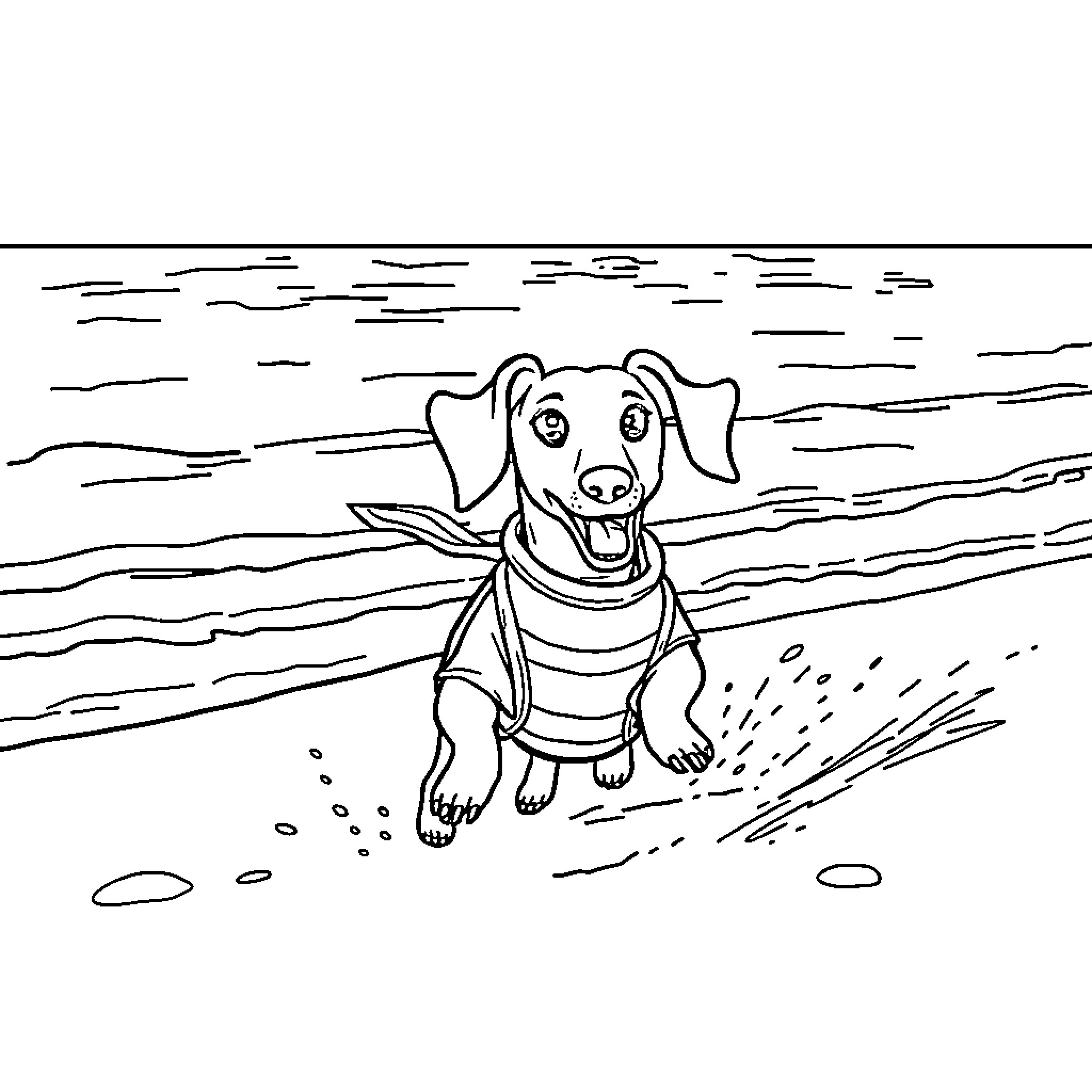 Dachshund playing joyfully on the beach Coloring Page (free black-and-white line drawing printable PDF for all, from beginners to advanced learners, including children, teens, adults, and seniors)
