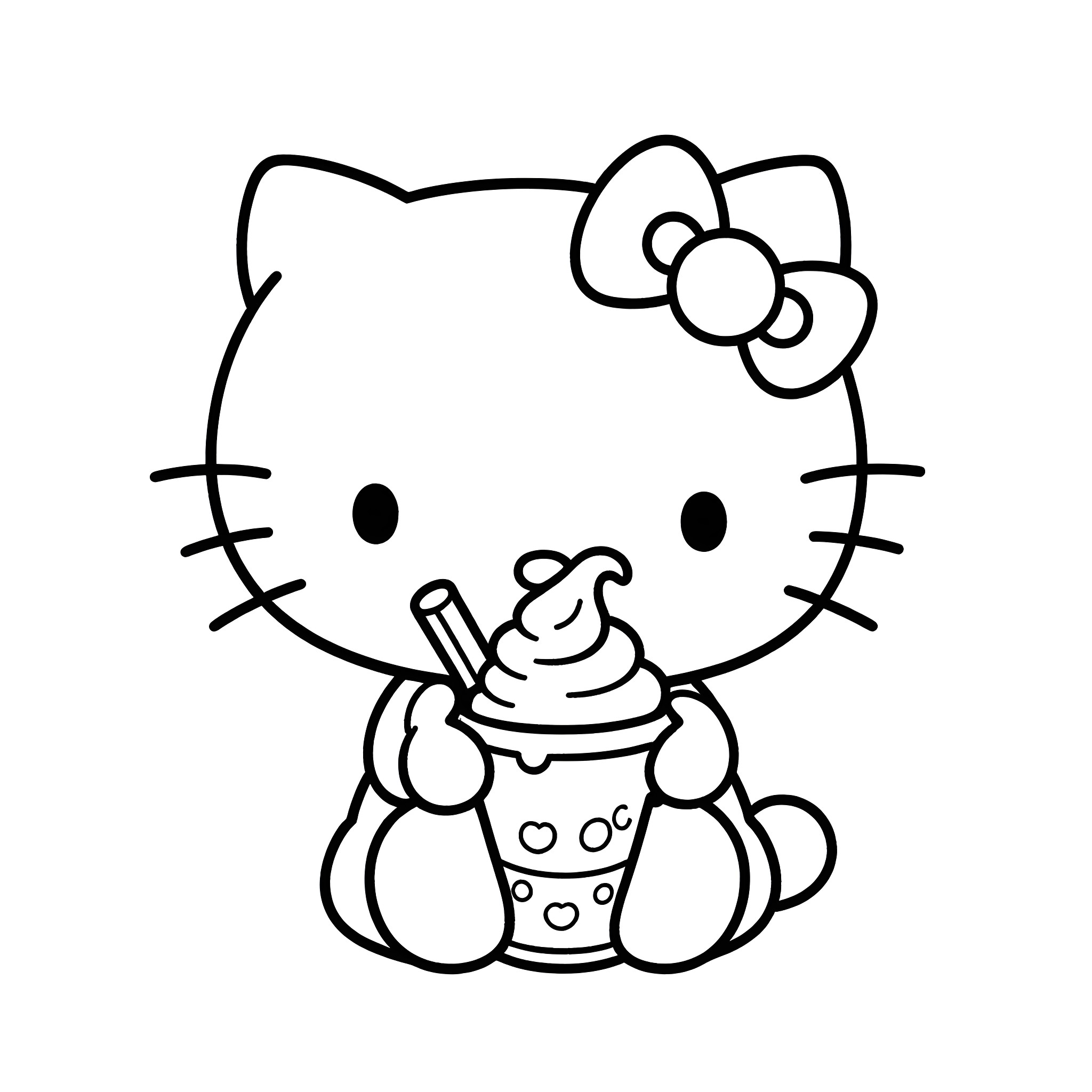 Hello Kitty enjoying a sweet treat Coloring Page (free black-and-white line drawing printable PDF for all, from beginners to advanced learners, including children, teens, adults, and seniors)