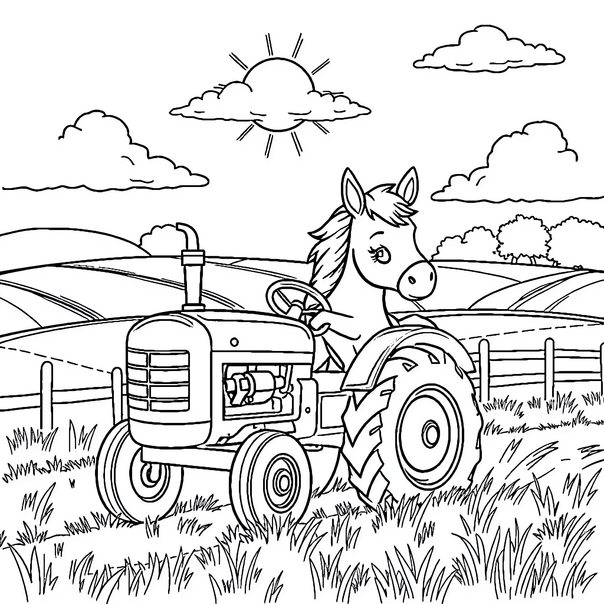 Pony Happily Riding a Tractor on the Farm Coloring Page (free black-and-white line drawing printable PDF for all, from beginners to advanced learners, including children, teens, adults, and seniors)