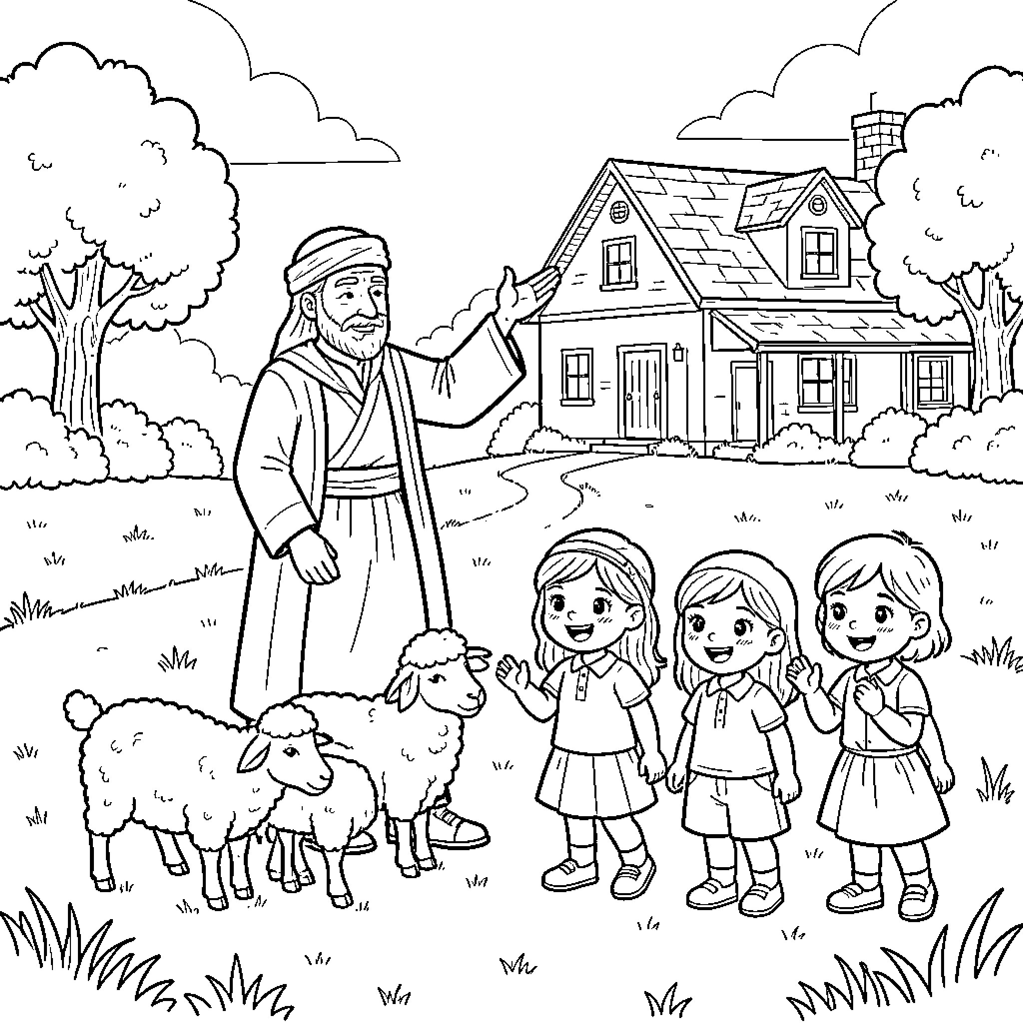 Shepherd gesturing towards children and sheep near a house Coloring Page (free black-and-white line drawing printable PDF for all, from beginners to advanced learners, including children, teens, adults, and seniors)