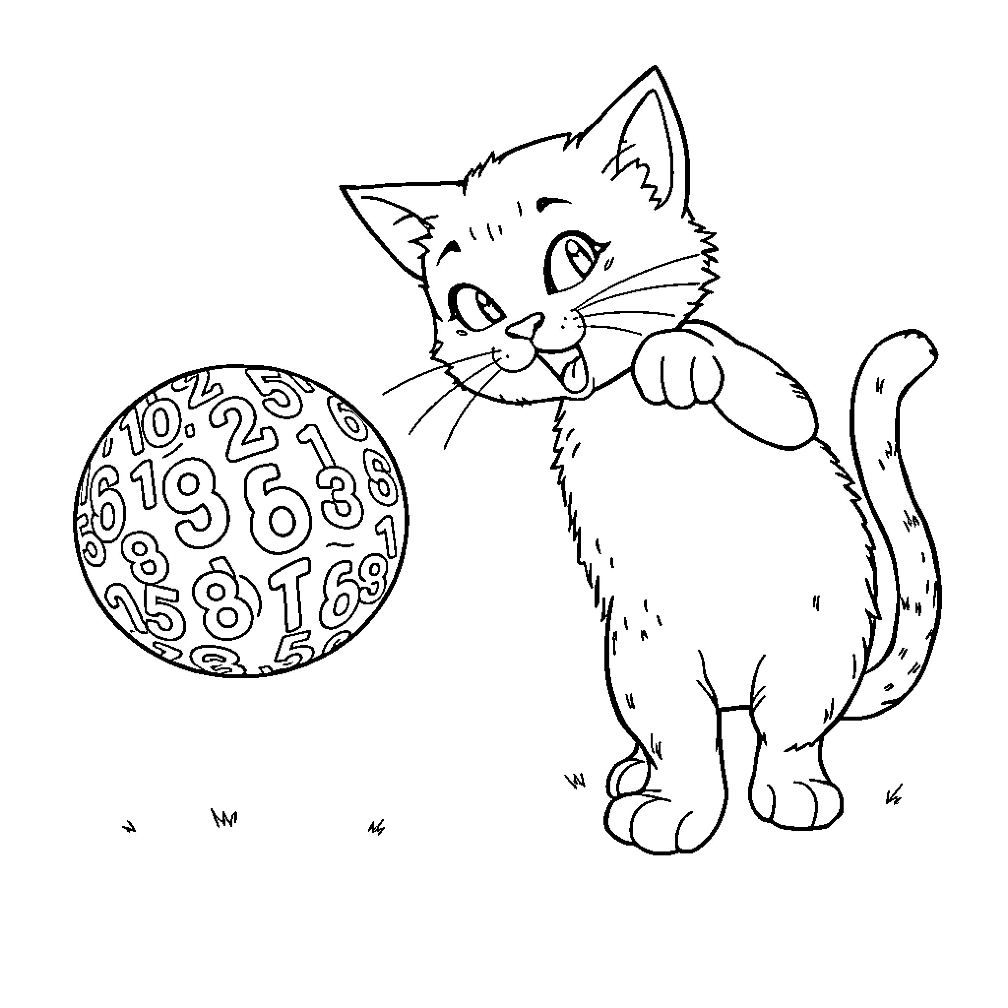 Cat peeking curiously at numbered ball Coloring Page (free black-and-white line drawing printable PDF for all, from beginners to advanced learners, including children, teens, adults, and seniors)