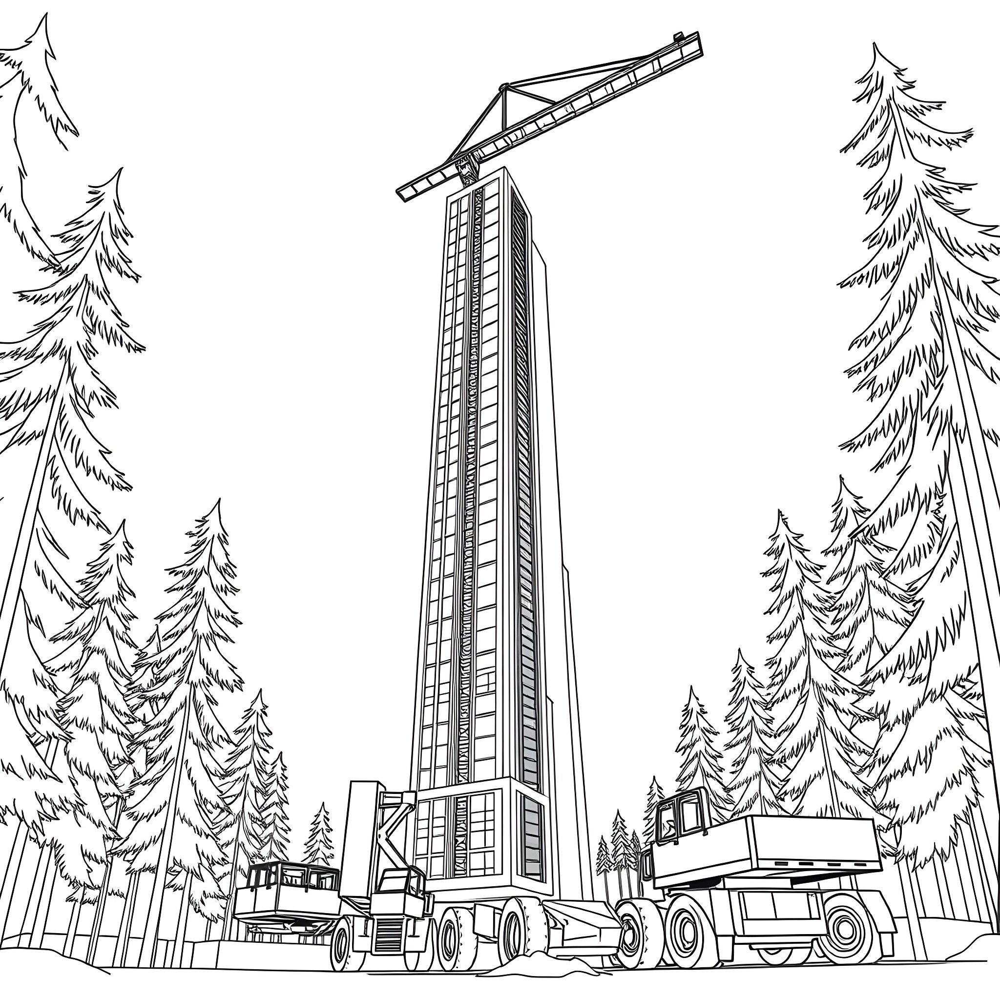 Construction Vehicle Transporting Tall Tower in Forest Coloring Page (free black-and-white line drawing printable PDF for all, from beginners to advanced learners, including children, teens, adults, and seniors)
